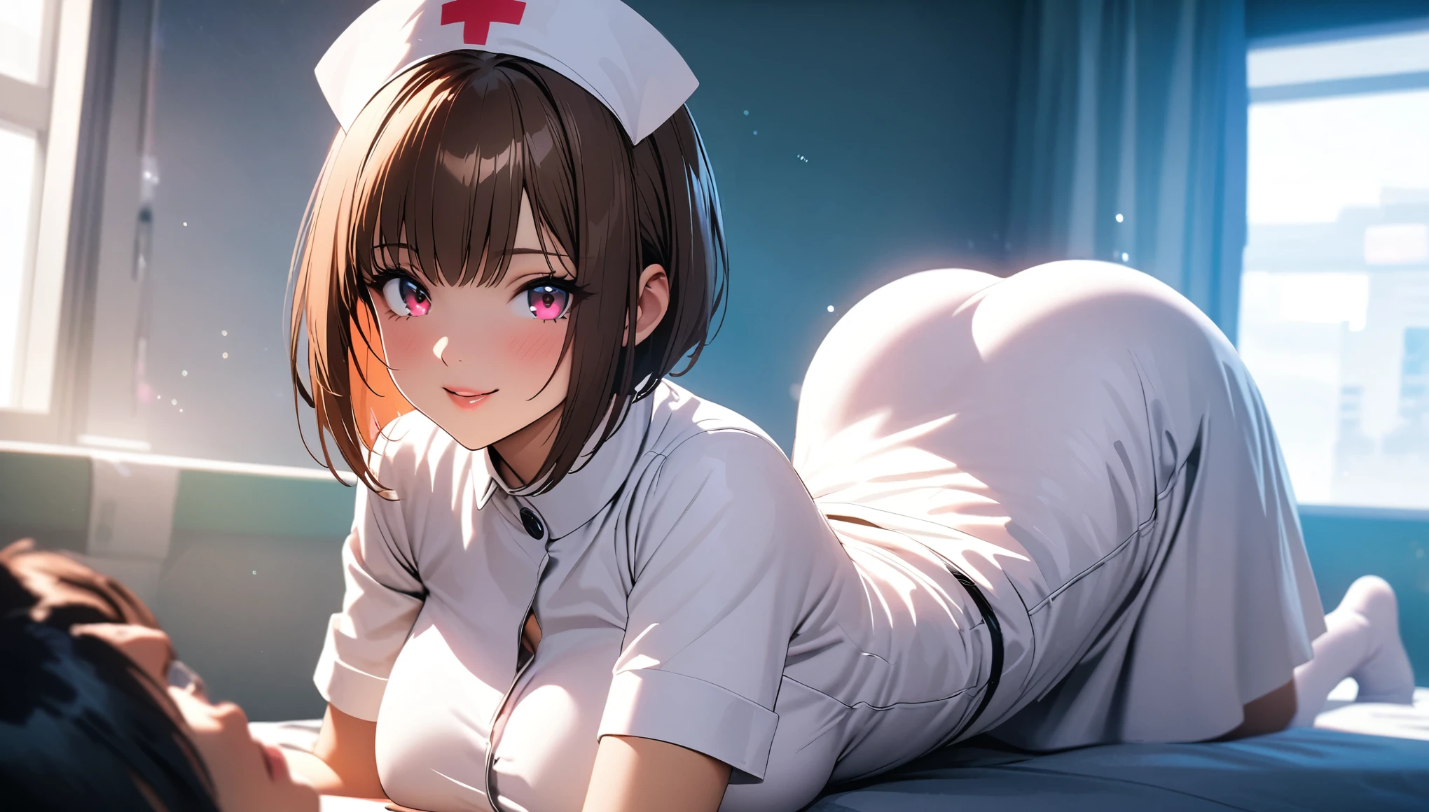 from behind,{very close to viewers},close up to crotch,{{pov}},skin,softcore,nsfw,((all fours)),cameltoe,(((nurse))),on the bed,hospital room background,big breasts,little child,***********,***********,(plump body:0.8), female masturbation,((sex toy)),sweat, textured skin,gleaming skin,((((kawaii)))),face,glasses,nose blush, embarrassing,tongue out,super detail, high quality, UHD, masterpiece, anatomically correct,nsfw