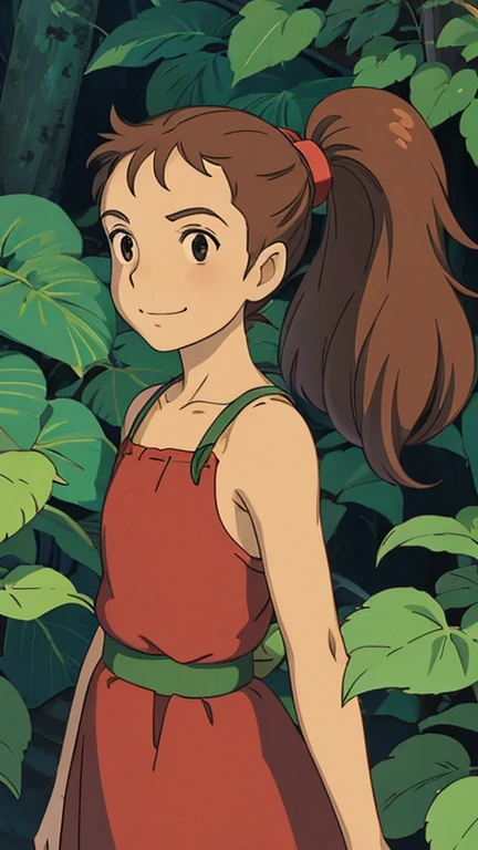 (1girl, (arrietty:1.2)), (extremely detailed CG unit 8k wallpaper),(master part), (best quality), (ultra detail), (best illustration),(StudioGhibliStyleHMC), cowboy shot, (Sharp eyeliner, ombre, detailed eyes:1), old Japanese village, outdoors background, ,break , (GHIBLI_Background), solo, :), smile, big metal bow, looking at viewer, brown hair, (leaf:1.3), ivy, tall, high ponytail, ponytail, red long dress, black eyes, minigirl, ponytail, (RSEEmma:0.3), 