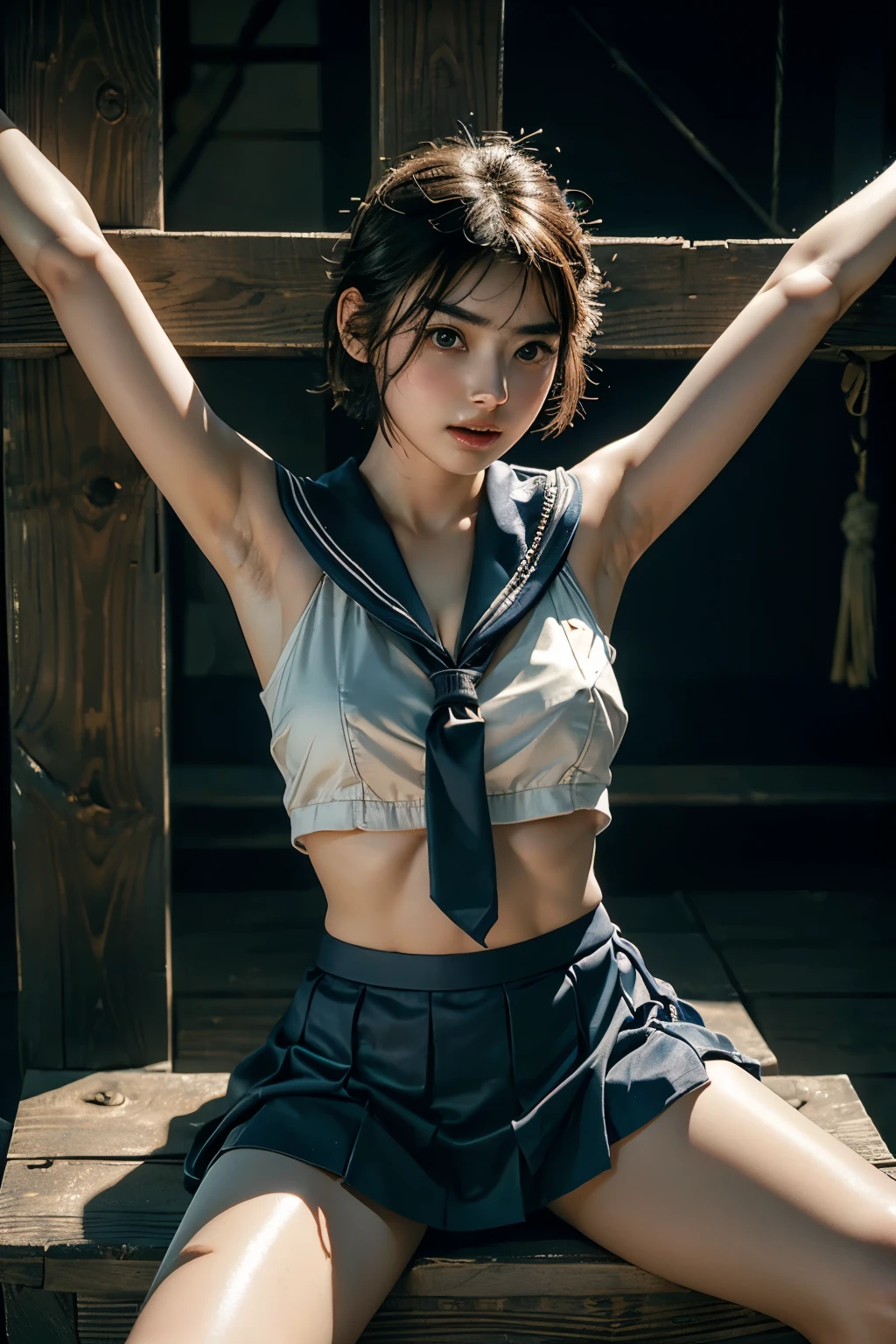 ((in stocks pose))、masterpiece,Highest quality、16k、Please redeem, Super A high resolution, (Realistic)、RAW Photos,(every time :1.2), (Portraiture), Japanese super beautiful girl:1.2, sexy, Please redeem, Very detailed,Very accurate, ((Wearing a sailor costume, Being restrained)), ((X column constraint table)), (Ultra mini skirt),Fascinating short hair:1.3,Beautiful breasts:1.1, Detailed eyes:1.5, Looking at the audience:1.2,((Crucifixion))、spread_arms、Shooting from the feet up、Realistic Face、Realistic Skin、((Spread your legs wide)),Seductive lips