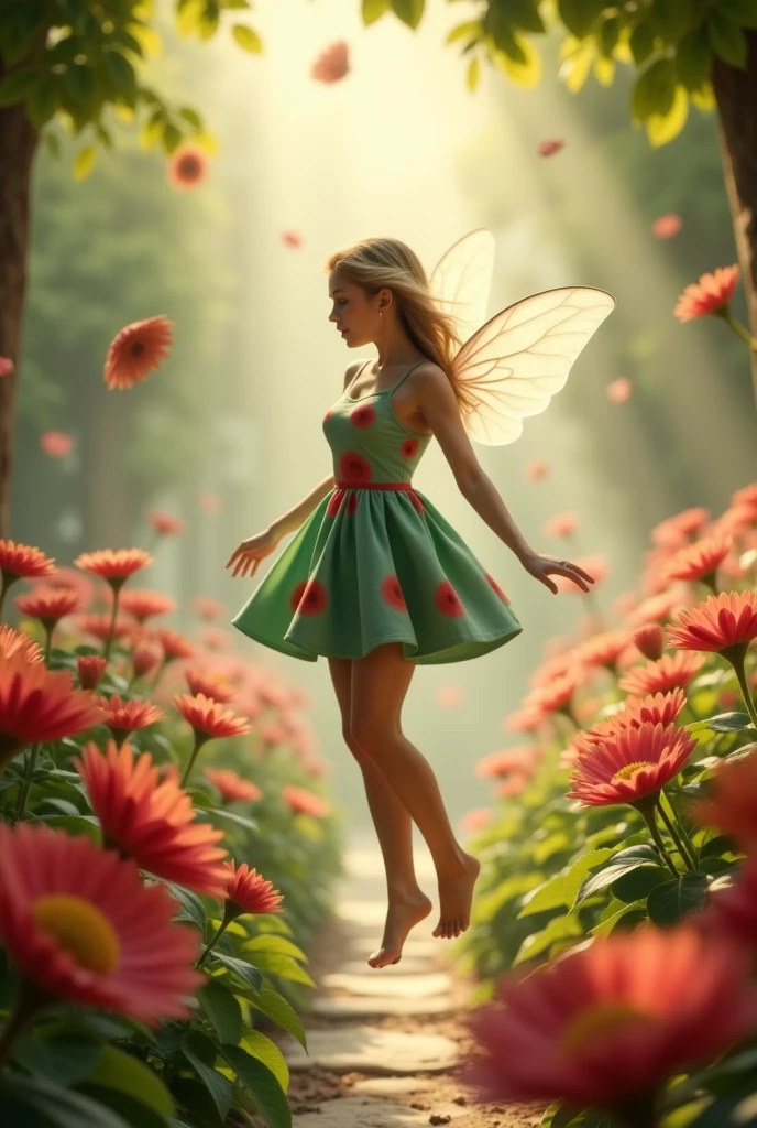 Fairy wearing dress flies from flower to flower