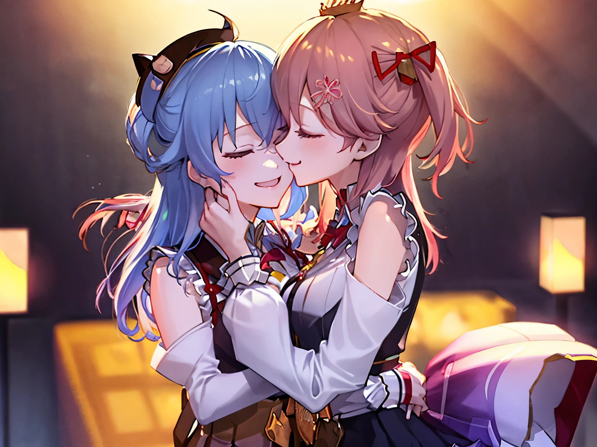 two anime girls are kissing in a room with a curtain, kissing together cutely, kissing together, kissing each other, from girls frontline, wlop and sakimichan, puce and vermillion, 8k high quality detailed art, characters from azur lane, fine details. girls frontline, lovely kiss, from arknights, from the azur lane videogame