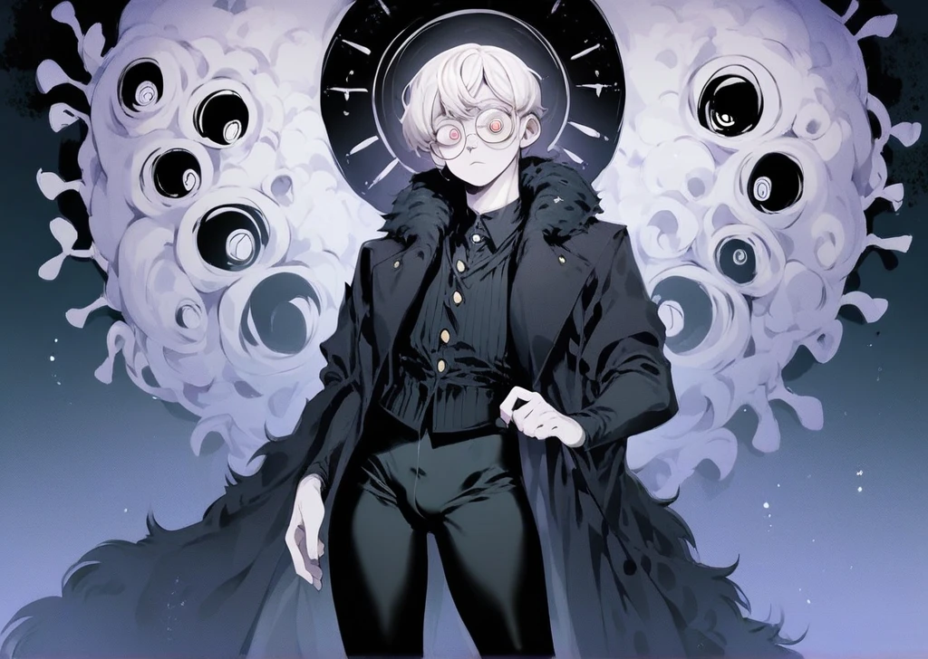 score_9, score_8_up, score_7_up, uncensored femboy, victorian clothes, black fur coat, fur collar, black shirt, embroidered vest, tight pants, white hair, pale skin, (round glasses), shizoeyes, dark fantasy, horror, night cemetery