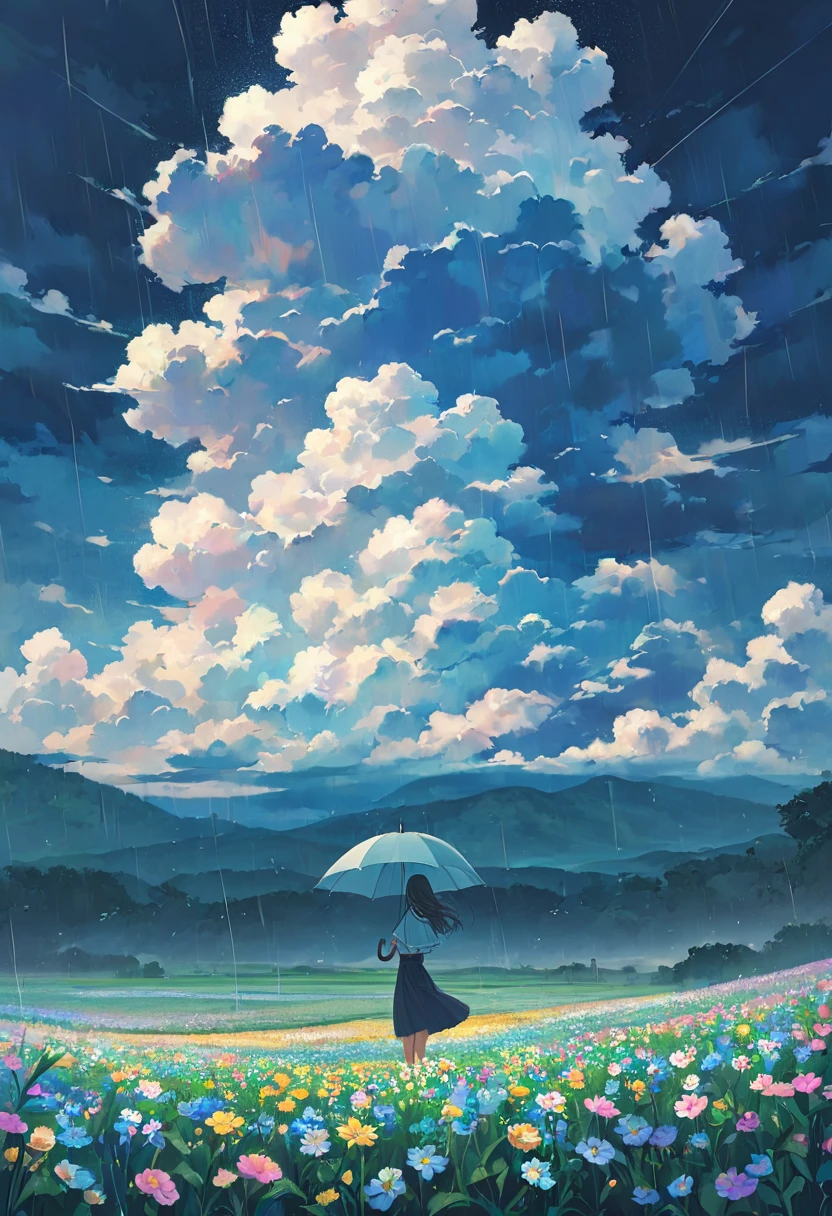 One woman,pastel,Holding an umbrella,Standing in a flower field,green,Purple,Rainy weather,Big rain cloud,Dark Skies,View from afar,A touching scene