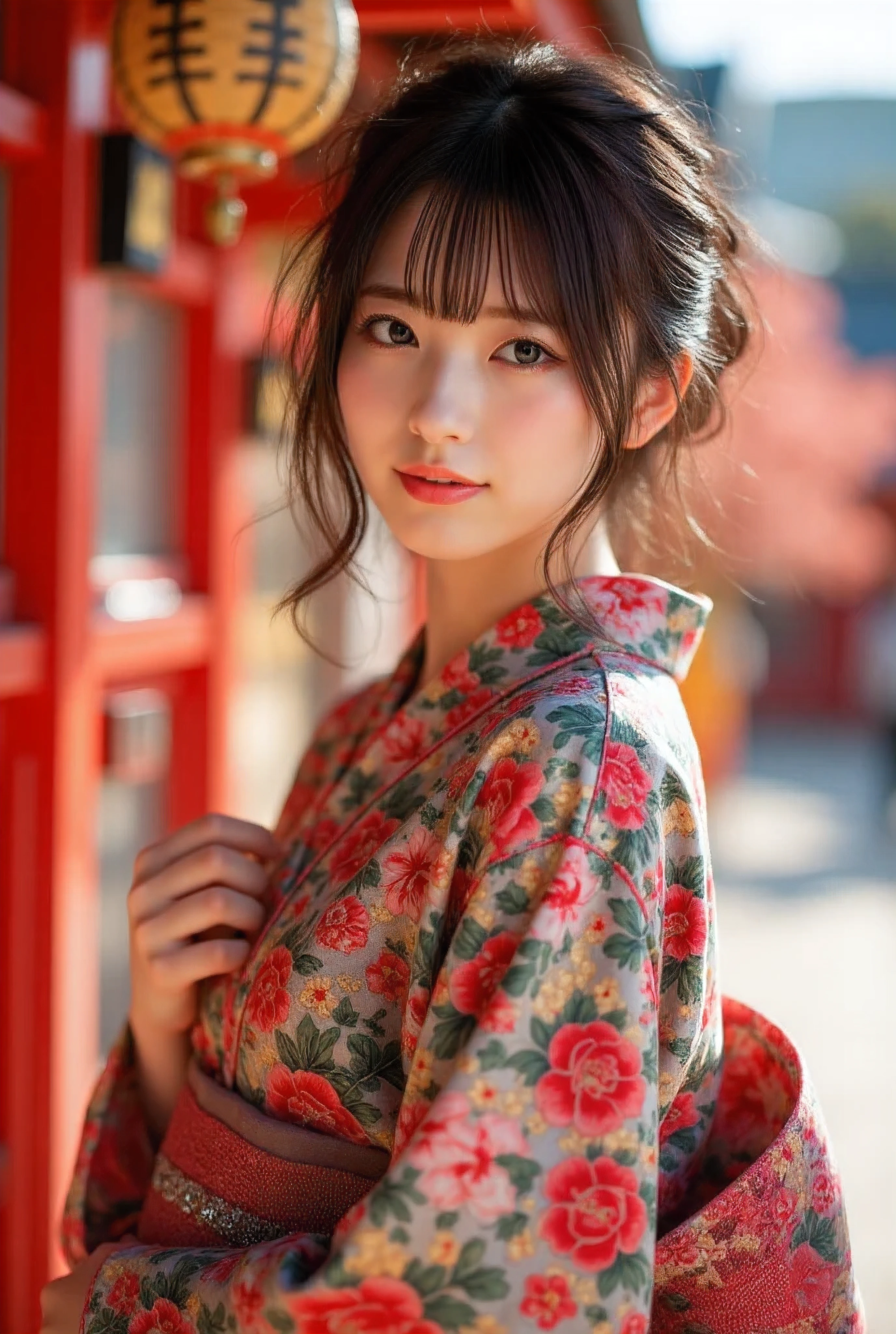 (New Year's scenery of Japan), 8k, ((masutepiece)),(((top-quality))),((Ultra-detailed)),((((Realistic)))), (Photorealsitic:1.4), (A hyper-realistic), (illustratio), (hight resolution), (ighly detailed), (The best illustrations), (Ultra-detailed細), (walls), (Detailed face), (Beautiful expression), ((details top-quality skin:1.4)), Depth of subject、 (ultra-detailed, Detailed background), (Beautiful and aesthetic: 1.2), Extremely detailed, 1 Women, Alone, Captivate the audience with gorgeous costumes,The upper part of the body,(Woman in Kimono:1.5), A woman wearing a kimono and standing bare skin, (kimono with embroidery), ((cute pink kimono)), ((girl&hair wrapped with hairpins)), Kadomatsu, gorgeous new year decorations, A large company decorated with gold leaf, At the shrine shining in the morning sun,