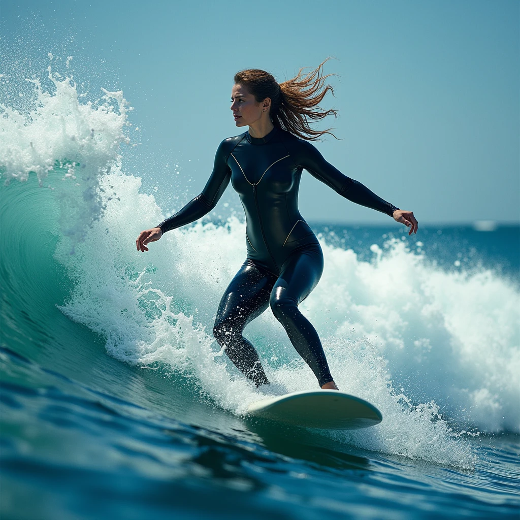 beautiful woman surfing, wearing drytsuit, full body shot