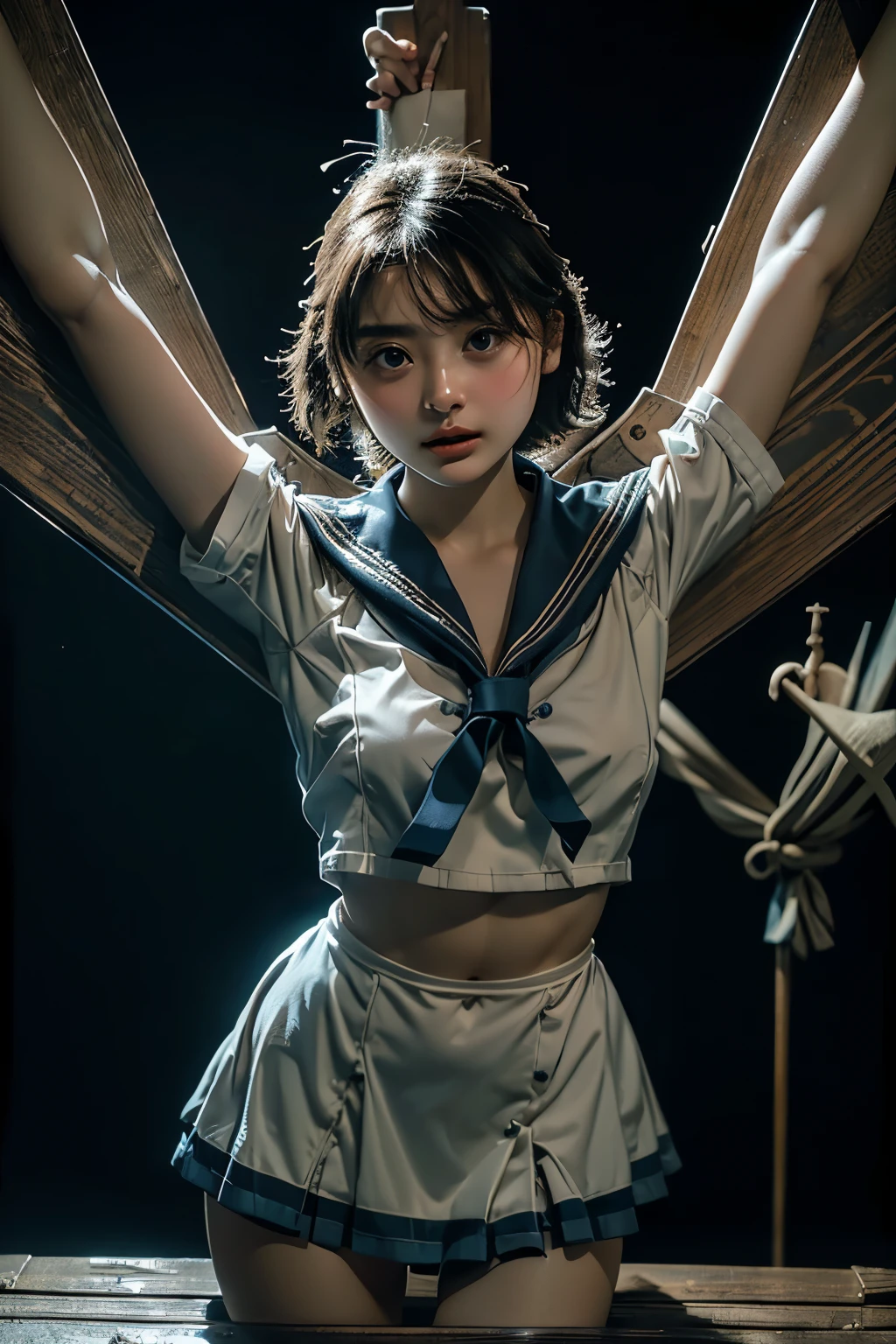 in stocks pose、masterpiece,Please redeem, Super A high resolution, (Realistic)、RAW Photos,(every time :1.2), (Portraiture), Surreal:1.1, Japanese Girl, Plump face:1.2, sexy, Please redeem, Very detailed,Very accurate, ((Wearing a sailor costume, Being restrained)), ((X column constraint table)), (Ultra mini skirt),Fascinating short hair:1.3, Big Eyes:1.4, No makeup:1.5, Pointy beautiful breasts:1.1, Detailed eyes:1.5, Looking at the audience:1.2,((Being held by an X column constraint table))、((Crucifixion))、spread_arms