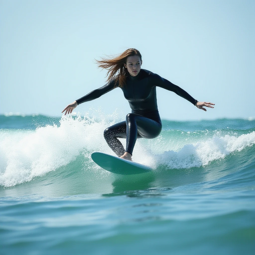 beautiful woman surfing, wearing drytsuit, full body shot