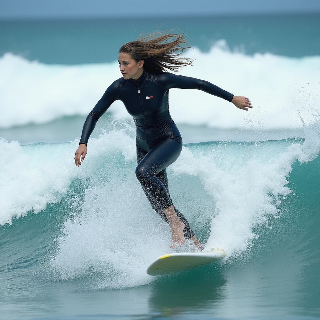 beautiful woman surfing, wearing drytsuit, full body shot