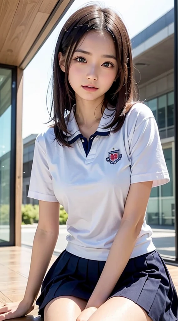 a closeup, masterpiece, top-quality, FULL ANATOMY、Raw foto, Photorealsitic, faces, unbelievable Ridiculous, beautiful a girl, cute little, shorth hair、depth of fields, hight resolution, ultra-detailliert, finely detail, ighly detailed, extremely detailed eye and face, Realistic pupils, foco nítido, Cinematic lighting、large full breasts、small tits、(a large bust:1.2)、a large bust、 (Slimed、Big、Very big)、 a 20 yo woman、Sexual facial expressions、sexy pose、 (White panties are slightly visible.)、 Wet body、Blushing、Sweating、((Very embarrassed look、The face is bright red、troubled look))、short-hair、Straight bob hair、Shorthair with bangs、Schoolgirl Uniform、Panties are visible from the skirt、Very detailed 8k wallpaper、Sheer white shirt、Navy blue ribbon at the collar、Dark blue pleated micro mini、Show me your whole body、Plump panties、White Sox、Lift the hem of the skirt、Lift the hem of the skirt with both hands、Lift the hem of the skirt yourself,、Show your little panties to the camera、is standing、Classroom、depth of fields、Bokeh in the background、((Wear the shirt directly on bare skin、The shirt is wet and see-through))