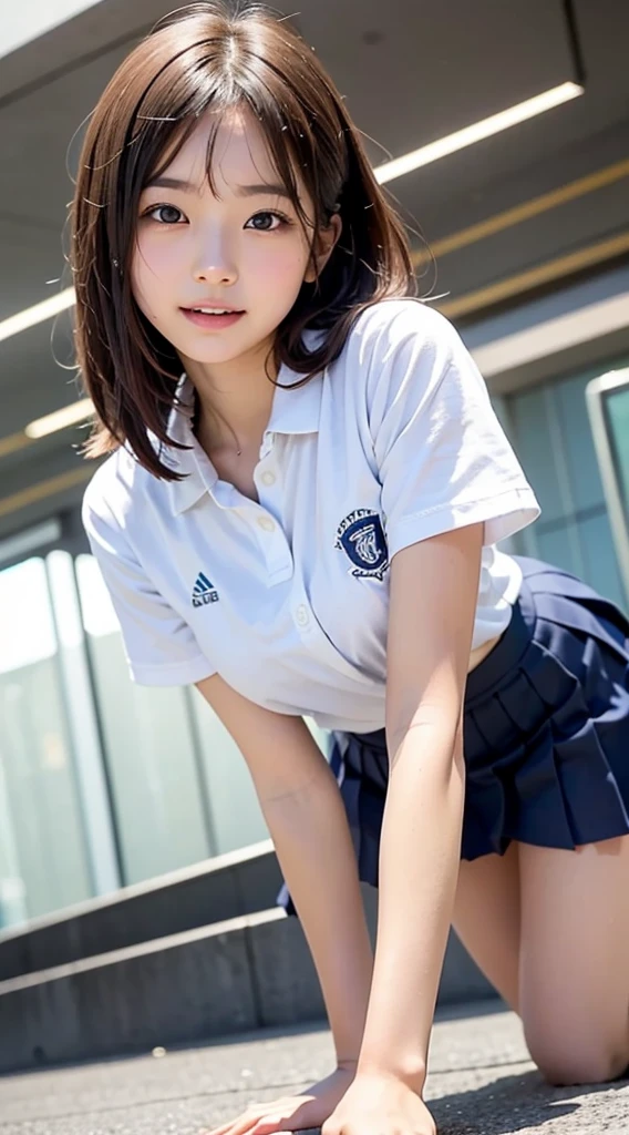 (masterpiece, Best Quality:1.2), 8K, 18 years old Japanese girl, 85 mm, Official art, Raw photo, Pretty Face, close up, face focus, cute Girl, Cinch waist, beauty thighs, soaking wet, sweat, large breasts, student uniform, serafuku, white shirt, short sleeves, sailor collar, navy pleated skirt, on all fours, at the airport, Looking at Viewer, No makeup, (frightened :1.3), Film grain, chromatic abberation, Sharp Focus, face lights, clear lighting, Teen, Detailed face, Bokeh background