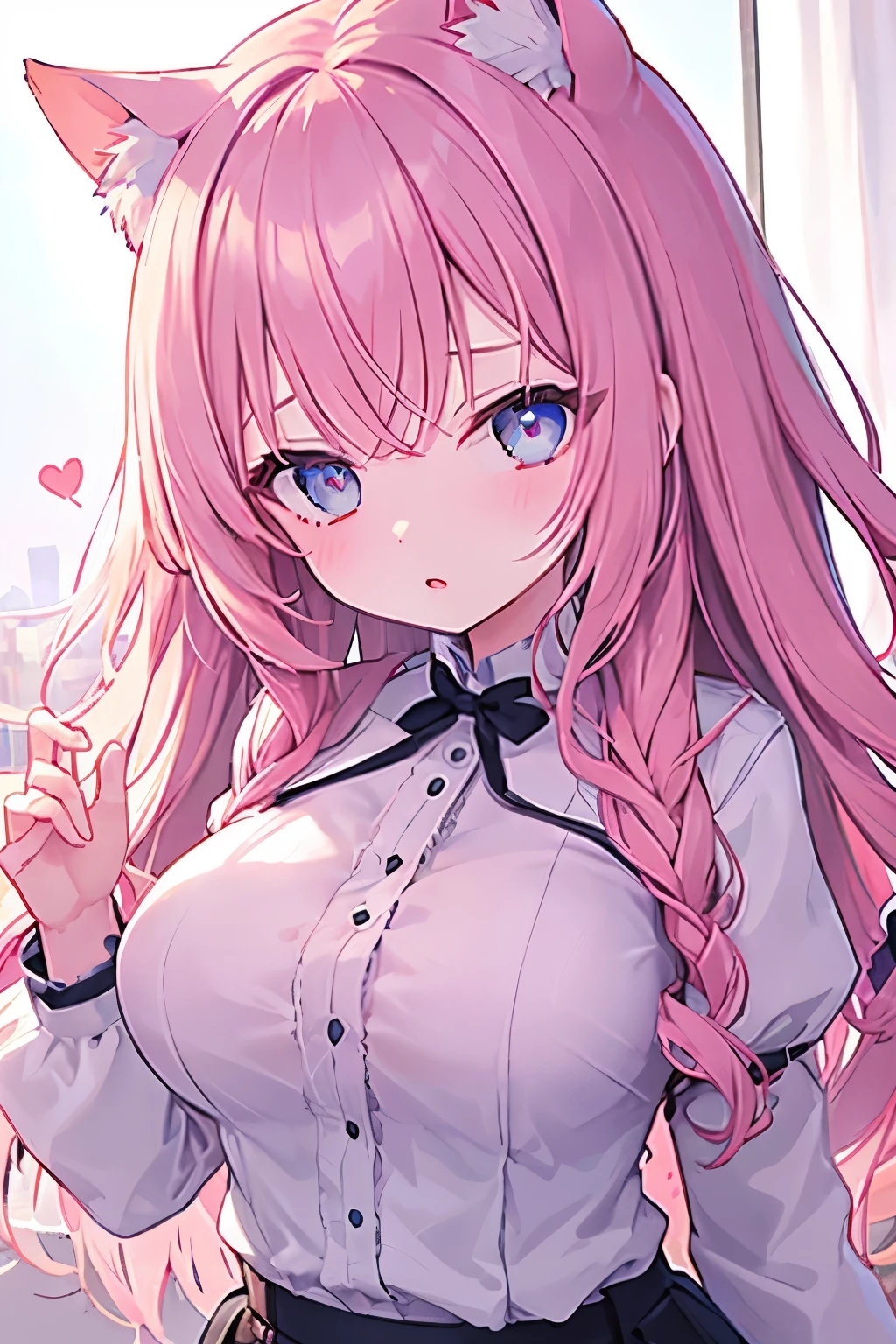 NSFW,Navy Uniform、Elementary school girl、Light pink hair,Very beautiful and Shining Eyes、Shining Eyes、1 girl、Large Breasts、cat ears、((((()))))、heart❤、((sweat、vapor)）