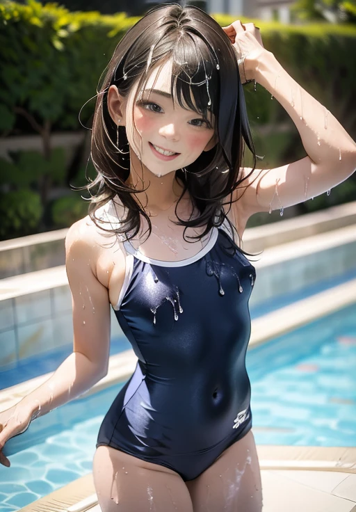 masterpiece, Highest quality, 8k, Young and beautiful girl, ( girls), Babythes are big 、((small breasts)),  photo shoot, Cute face, Thighs, pool,  Embarrassing、smile、No makeup, 10 generations, Detailed face, Background Blur、((((((10 generations))))))、(((School Swimsuit)))、navy School Swimsuit, ((wet Swimsuit)), Depth of written boundary, Tight waist、ample small breasts , Portrait, keen to learn about climaxing, wide diameter brown areola and stiff nipples 