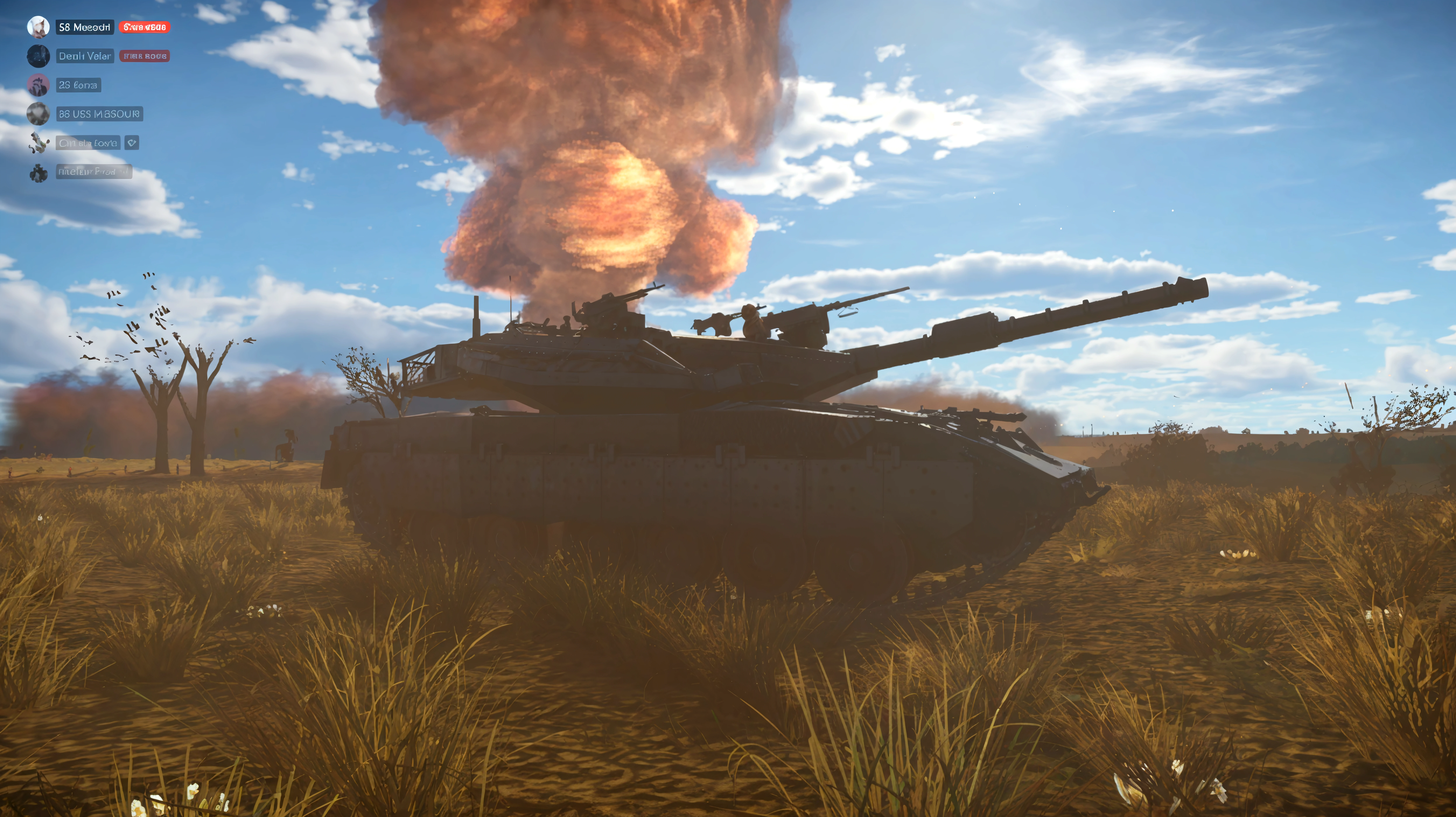 there is a tank that is on the ground with a lot of dust, m 1 abrams tank, massive tank, by Artur Tarnowski, tank class, futuristic battle tank, war thunder game, class tank, panzer, profile shot, tank has a large solid cannon, tanks, tank, profile pic, close up view, photo render, futuristic tank is on fire