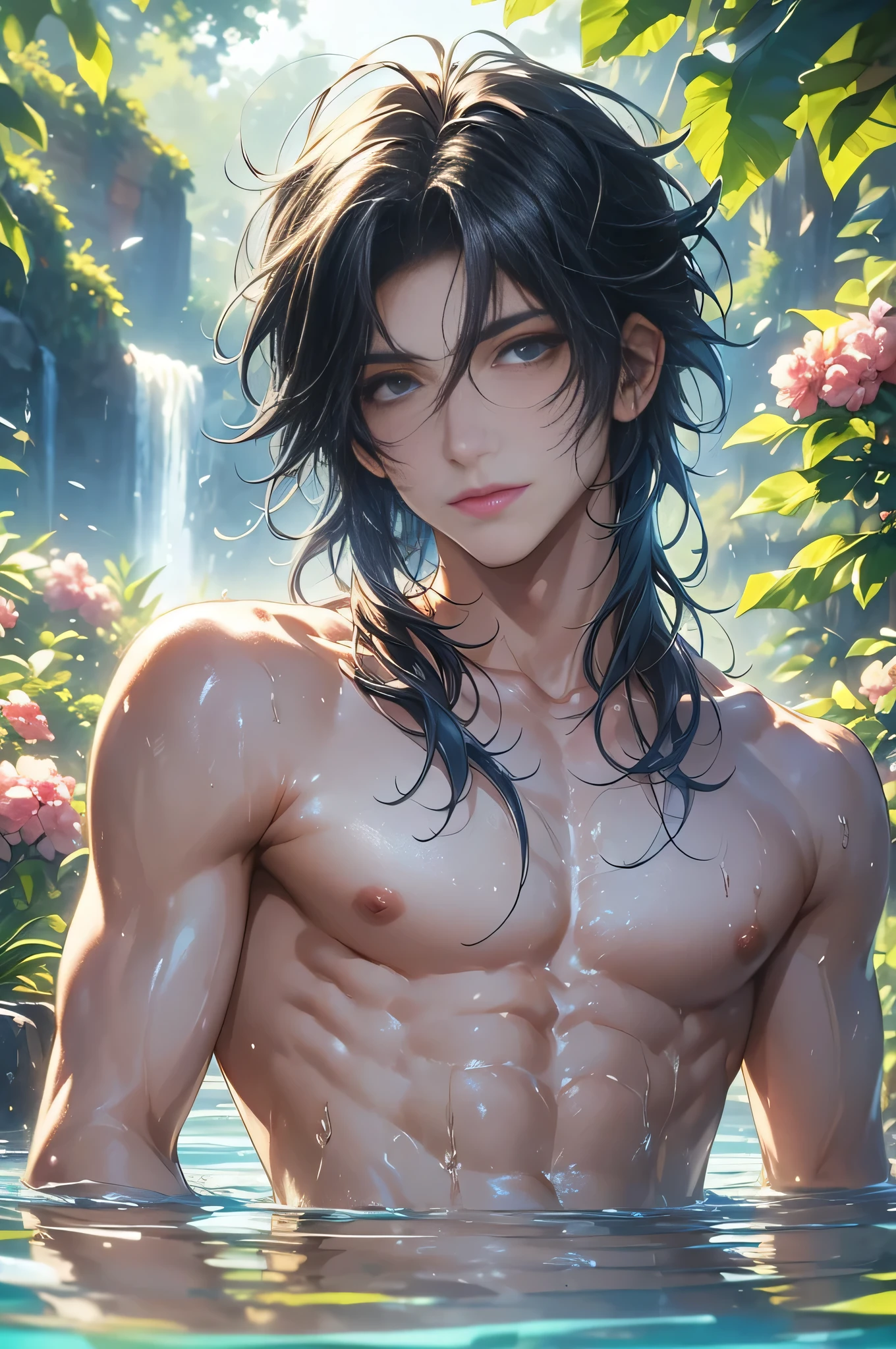 (tmasterpiece, high resolution, Ultra - Detailed:1.0), (2 , young male), perfect male body, (adult male twink gay boys:1.3), Delicate eyes and delicate face, Extremely detailed CG, black hair, Unity 8k papel de parede, Complicated details, detailed face, (blue eyes, eye looking to camera, sorriso sexy, seductiveexpression, short and messy hair, half a body in the water, topless, Bathe, wet hair and body), outdoor, flowers and trees, waterfall, portrait, color difference, depth of field, dramatic shadow, ray tracing, best quality, Cinematic lighting, official art,