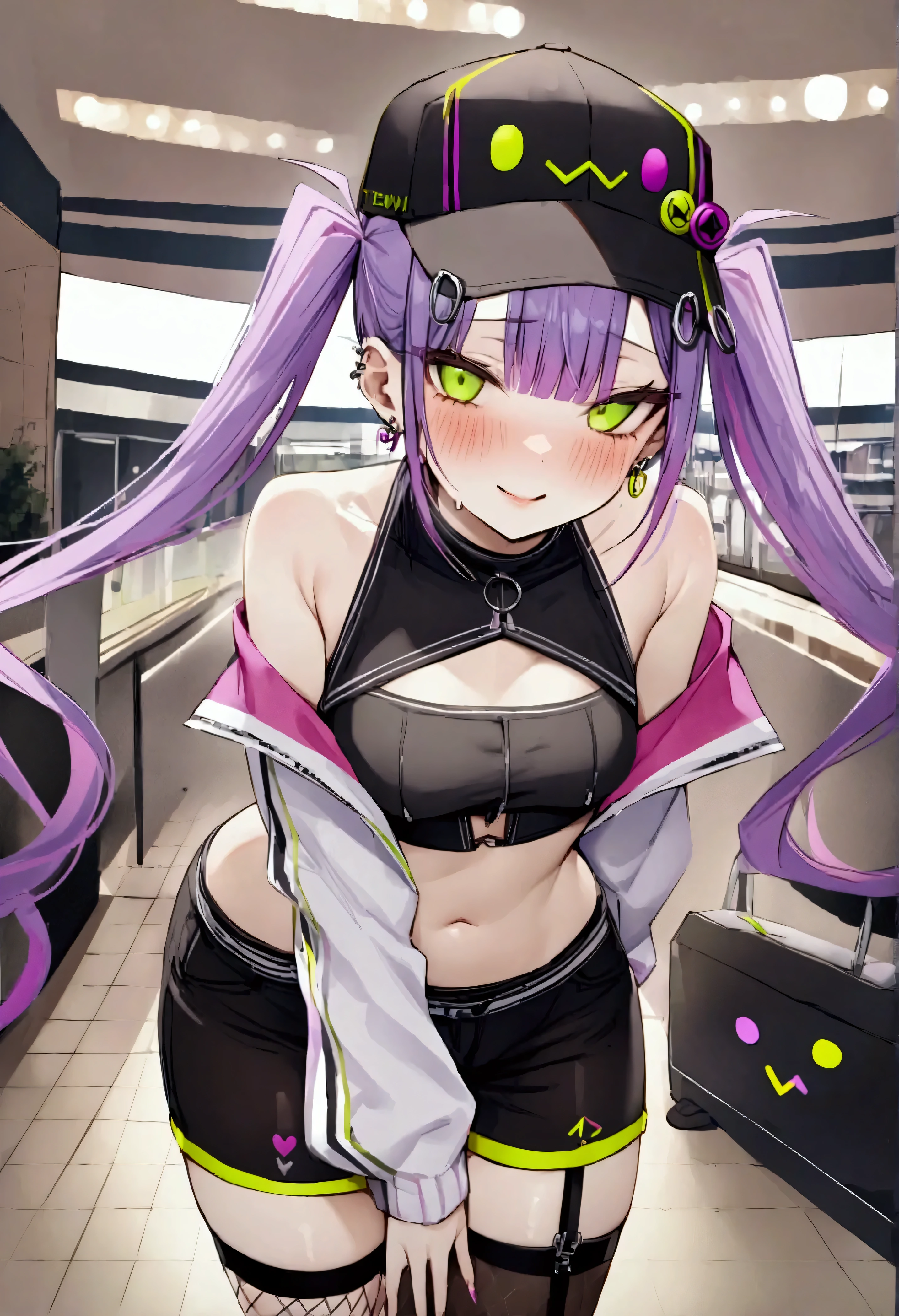 NSFW,masterpiece,Best Quality,High resolution,Very detailed,Towa Tokoyami\(Hove\),Purple Hair,Green Eyes,Twin tails、Two-tone jacket、Closed jacket、Cropped jacket、Off the shoulder、Black crop top、Black shorts、Fishnet stockings、Single knee socks、Baseball cap、Devil&#39;s Tail、Earrings,Shopping Mall,Bad Smile,blush,Lustful face