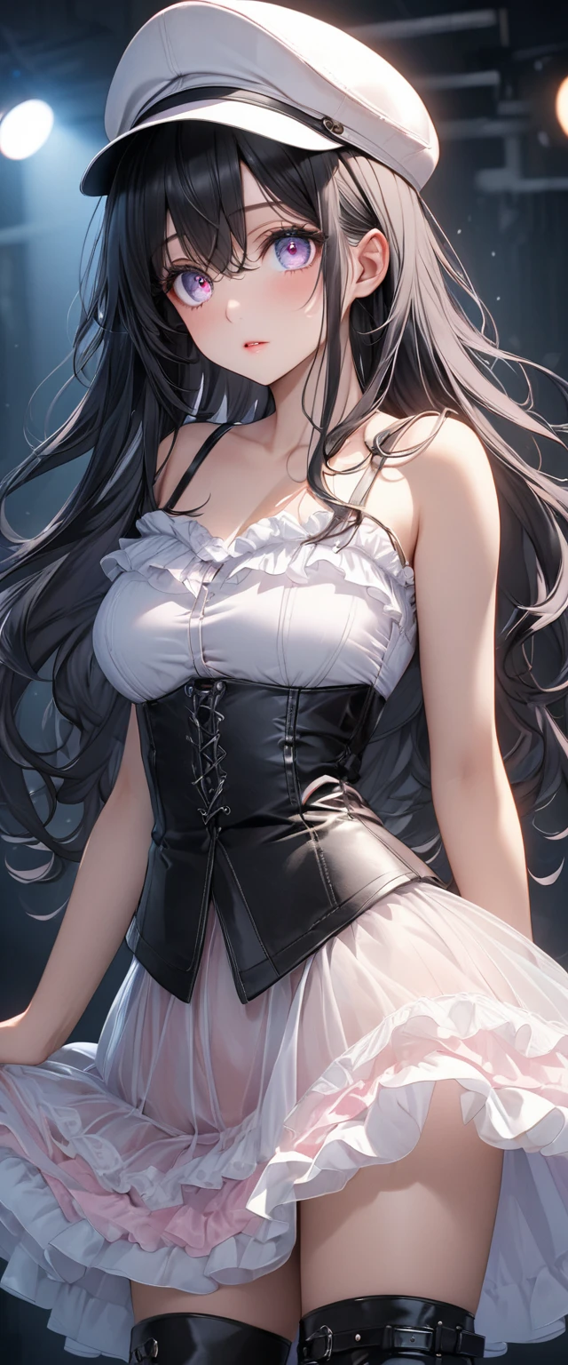 (highly detailed), sharp focus, large breasts, close up on face, dress, twintails, ribbon, frillsescote, hombros descubiertos, falda morada,pechos grandes, pechos enormes, big breasts, huge breasts, enormous breasts bigger than heats