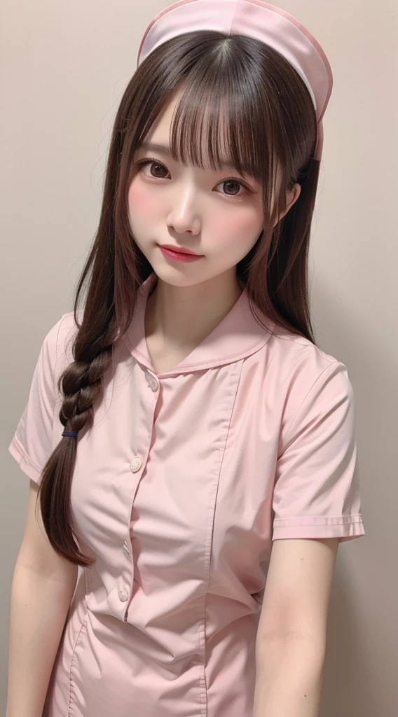 ((highest quality, masterpiece :1.3)), Photorealistic、Ultra-high resolution、Natural skin texture、Hyperrealism、Reflection from the waist up、Beautiful Japanese girl in her early teens、One girl、Larger breasts、Pink nurse uniform、Frightened expression、Tears flowing