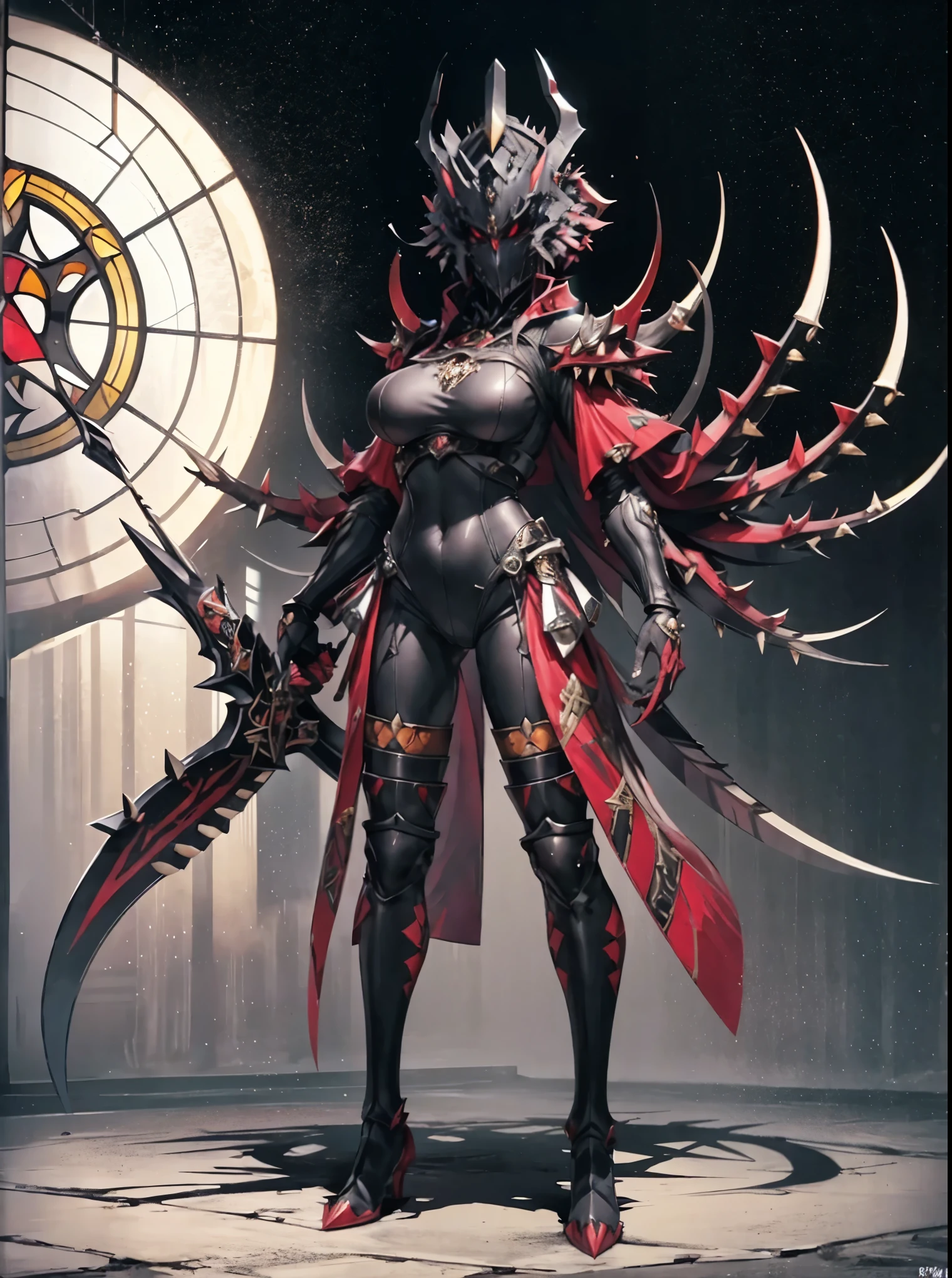 Female Knight. one person. Bikini armor. Black armor. Spiky spines. Stained glass-style armor. Large gauntlets. Sharp claws. Warhammer. dark smog background.