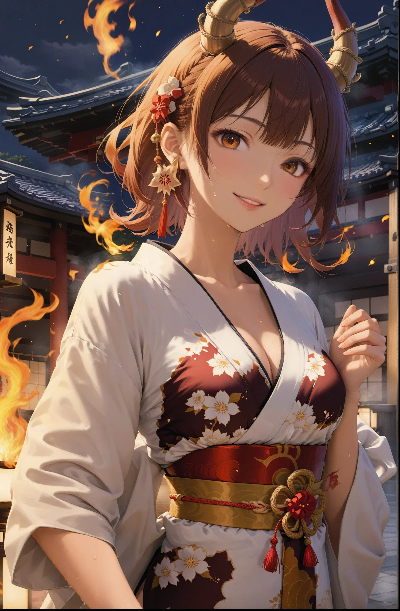 score_9, score_8_up, score_7_up, Japanese ONI-girl, (1girl, solo), 20yeras old, Upper body, (white Kimono, cleavage), (brown short hair, brown eyes), (brown ONI horns, flaming horns, flmngprsn), gleaming skin, (sweat:1.1), (looking at viewer, smile), The ancient capital of Japan, night sky