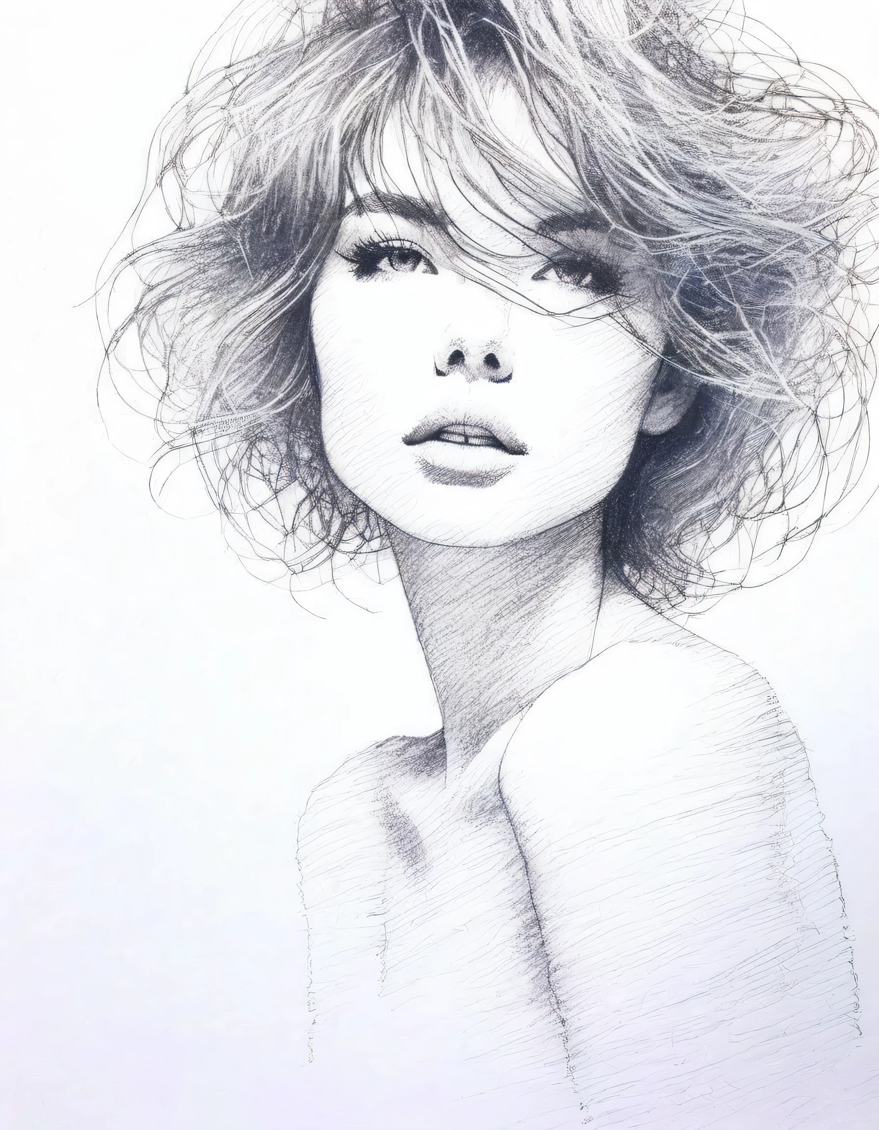 A delicate, graphite sketch portrays a nude beautiful Portman, Natalie Wood look, standing bare feet without background, her features rendered in subtle shading and precise lines. The framing is tight, focusing attention on the subject's serene face. Soft, feathery strokes convey the gentle texture of her hair, while the delicate curve of her neck is emphasized by the pencil's softness.