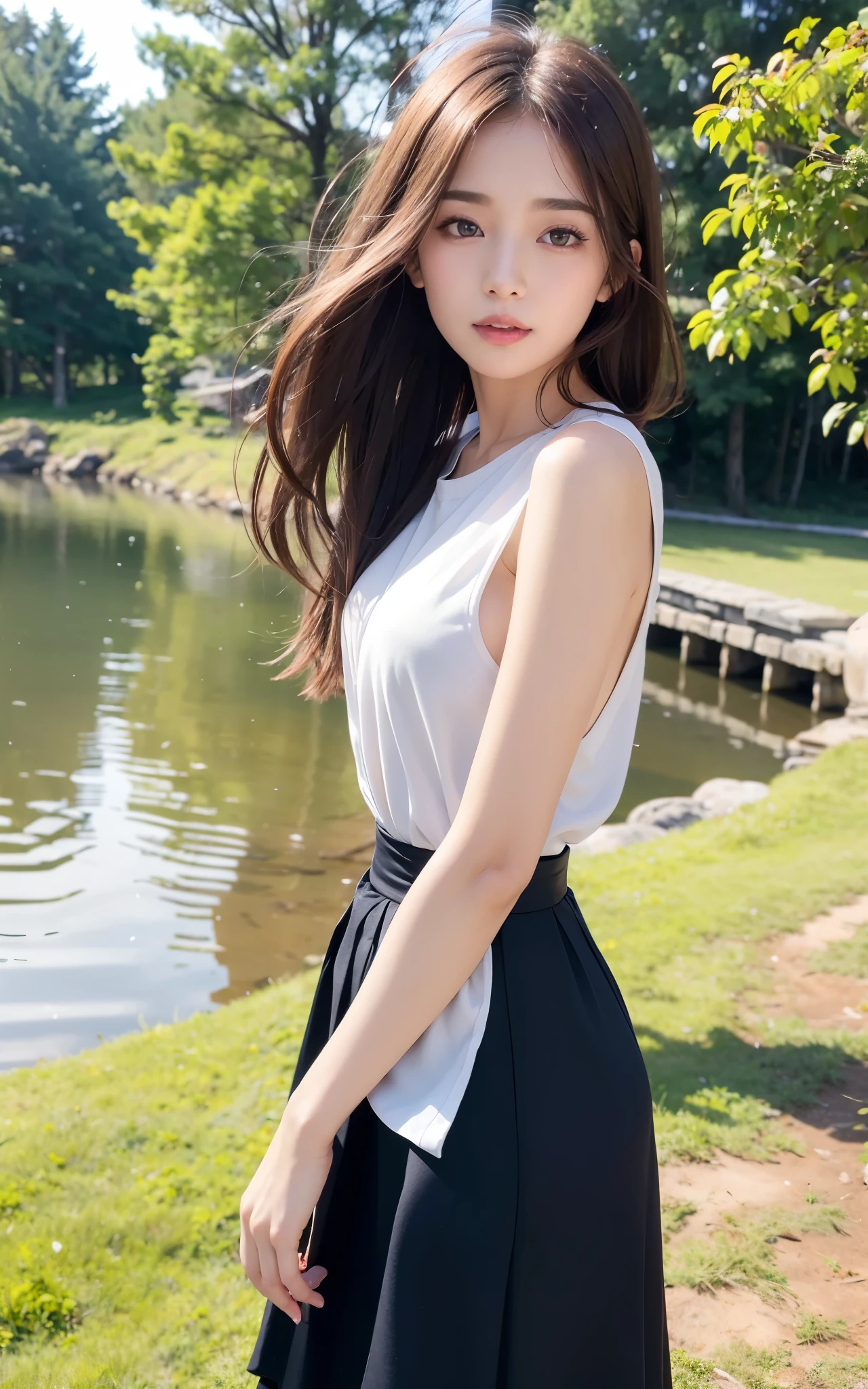 Masterpiece, Best quality，8K, 超高分辨率，Reallightandshadow，Cinema lenses，(beautidful eyes:1.1)， ((中景 the scene is，The upper part of the body)) ，On the verdant steppe，The gentle goddess coils over the blooming flowers。Her long hair fell like a waterfall on her shoulders，A breeze ruffled her hair，Blow the hem of her skirt。ssmile，Enjoy nature's bounty。