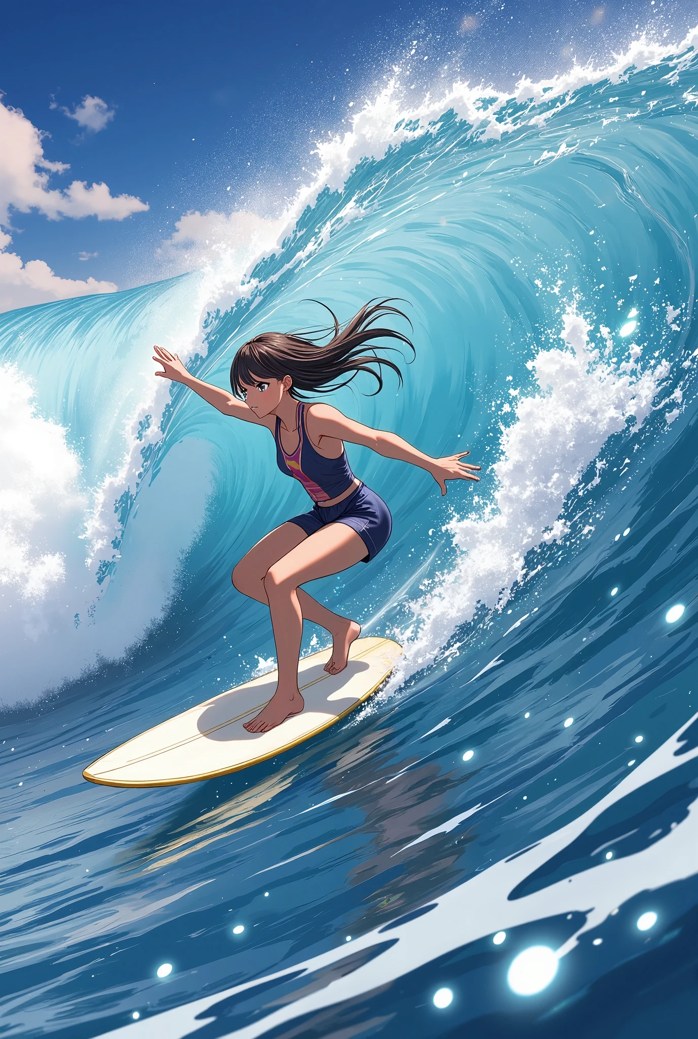 Girl surfing in the sea、surfboard、Wetsuits、Big waves、The water splashes shine beautifully、Crystal clear tropical waters、White waves and deep blue