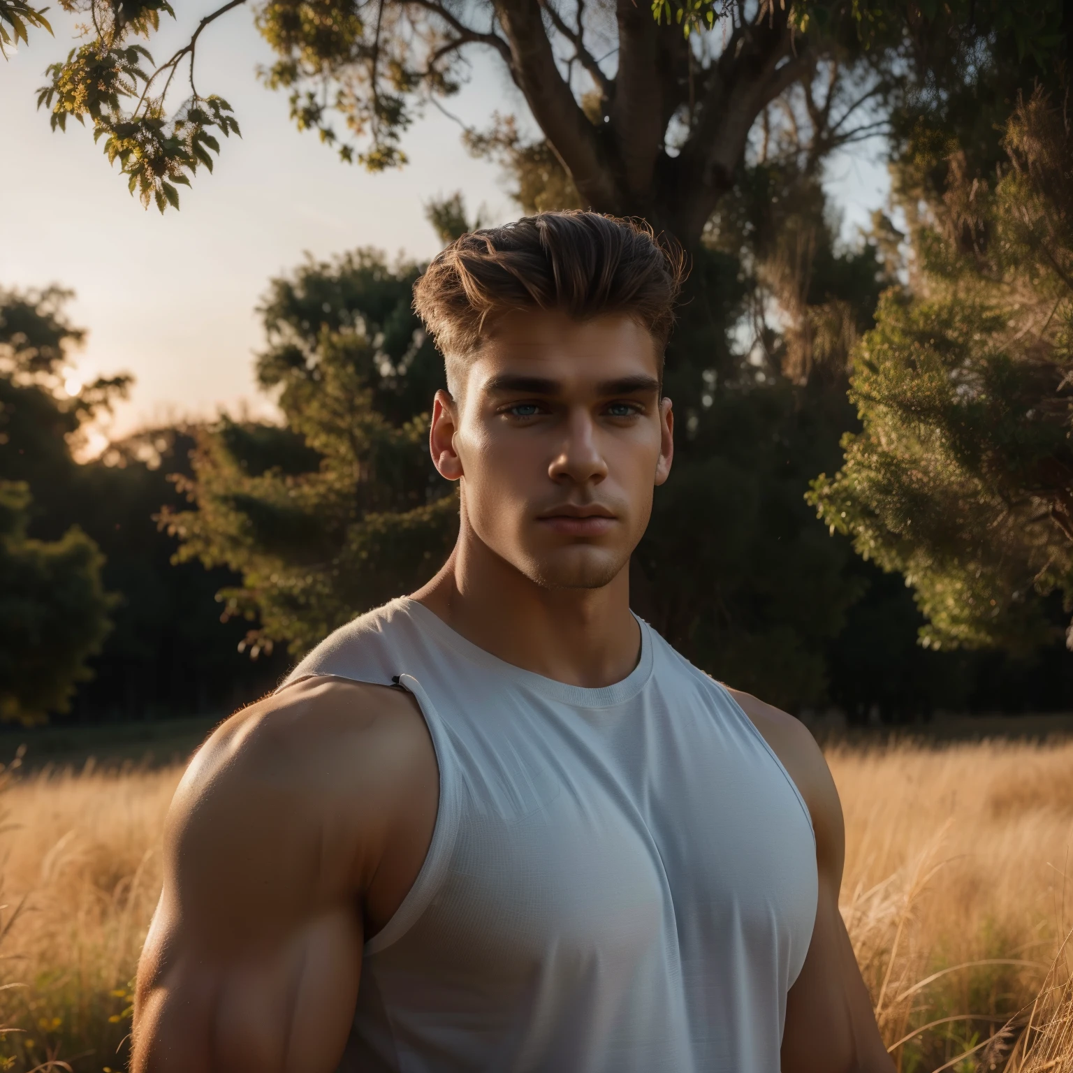 single , male, identical , 30 yo , very tall ,  , (small head Slim, angled eyebrow,   Hunter eyes, Most handsome, blue eyes, Big eye, big nose, big ear)  Big Guy, Bulk guys, broad shoulders, Big arm, Extra body size , rectangle face, most handsome, ,( black Quiff fade HairStyle), big eyes, muscle, Half body, ((masculine pose standing in a meadow, mysterious lighting, muscular physique, looking into the camera, flexing, stand under tree)), 8k UHD, SLR camera, soft lighting, high quality, film grain, Fujifilm XT3 , realism, Extremely detailed , Detailed, glow up, (best quality:1.5) film grain (morningtime ) auto focus, (detailed skin),cinematic photo, stunning,ambient, cool pose, ultra camera , Very Amazing picture, (Wide shoot) , amazing pose, auto focus, stunning, dream light, soft light , soft colour, Sid angle, High quality, bokeh effect, mid object , Real picture, Modern, Perfect Clothes , (retrota ultra hyperrealistic, elisto ultra hyperrealistic, imagen ultra, 8k, 4k, room aesthetic Angle, high light, artistic,) soft guy, wide shoot