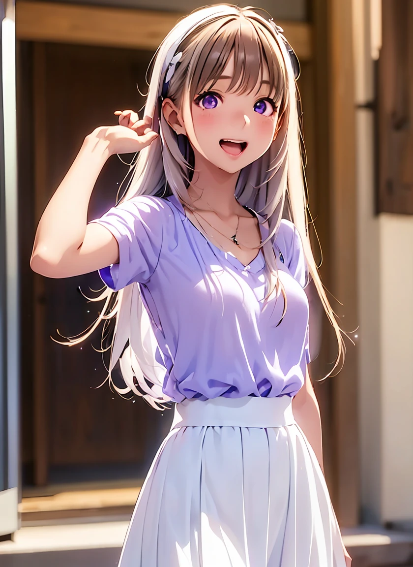 High resolution,In 8K,Best Quality,detailed,Semi-realistic anime,3D anime style,Smooth anime CG,One Girl,Japanese women,slim,Modeling,(((Long white hair)))，((The lens is broken))，Starlight，((White long skirt)),detailedな顔,Beautiful and detailed,Glowing Skin,((Female college student)),(Small breasts),(((Deep violet sparkling eyes))),(((Open your mouth a little))),((Laughter))