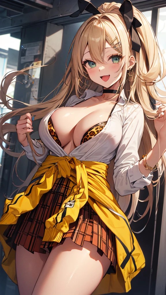 Rupeedef,smile,Open your mouth, Leather Fang, Improve, Kogal,White Shirt, (((Big Breasts)) , Yellow Checkered Skirt, Hair accessories, Hair Clip, hair ribbon, underwear, (Leopard print), jewelry, Choker, Clothes around the waist,Cowboy Shot,