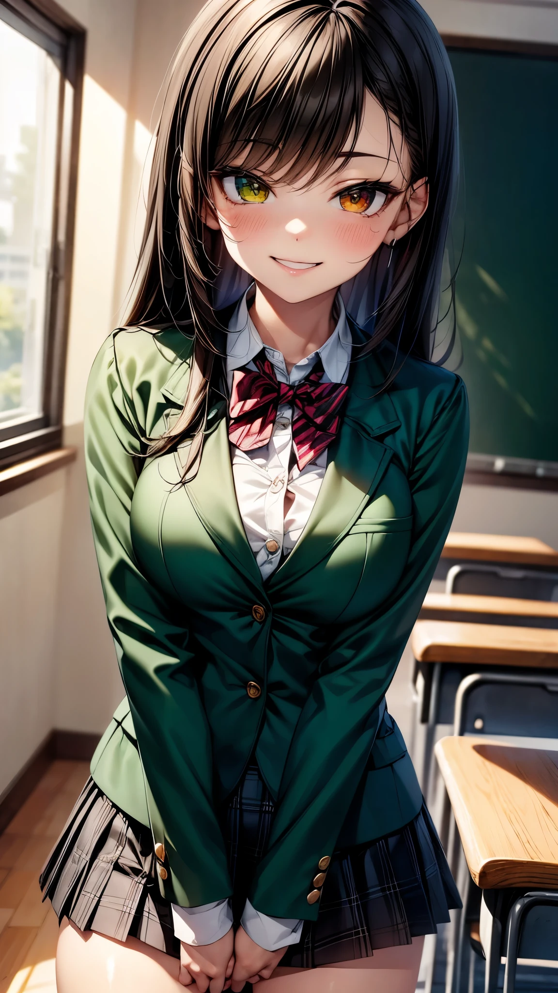 ((nsfw, masterpiece, Highest quality)), One girl, alone, Nahida_Genshin Impact, Cruciform pupil, donning a with a green tie and a blazer, her pleated skirt swirling around her legs. She's standing with a green cape draped over her shoulders, the wind gently billowing it out. The setting is dimly lit, casting an enchanting glow on her features. She's gazing off into the distance, her enchanting figure accentuated by the soft glow of the environment. The overall aesthetic is reminiscent of a masterpiece, with the highest level of detail and quality.