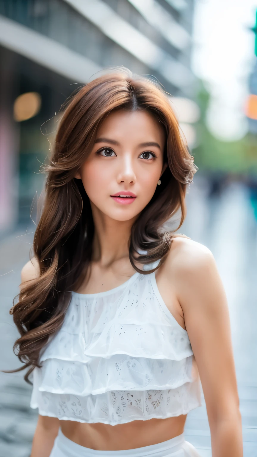 ((best quality, 8K, masterpiece: 1.3)), Key Points: 1.2, Perfect body beauty: 1.4, Hips: 1.2, ((Layered Hairstyle)), (street:1.3), White Dress: 1.1, Highly detailed face and skin textures, Beautiful eyes, Double eyelids, Skin Whitening, Long hair, (Residence: 1.3), whole body