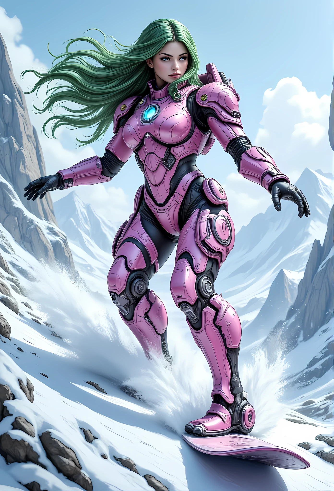 high details, best quality, 16k, [best detailed], masterpiece, best quality, (extremely detailed), photorealistic, fantasy art, RPG art, a picture of a mech girl, wearing pink mech suit, surfing in the snow, epic beautiful human woman (best details, Masterpiece, best quality), ultra detailed face (best details, Masterpiece, best quality), dynamic hair, green eyes, mech suit, tight mech suit, (best details, Masterpiece, best quality), snowy mountain background, 