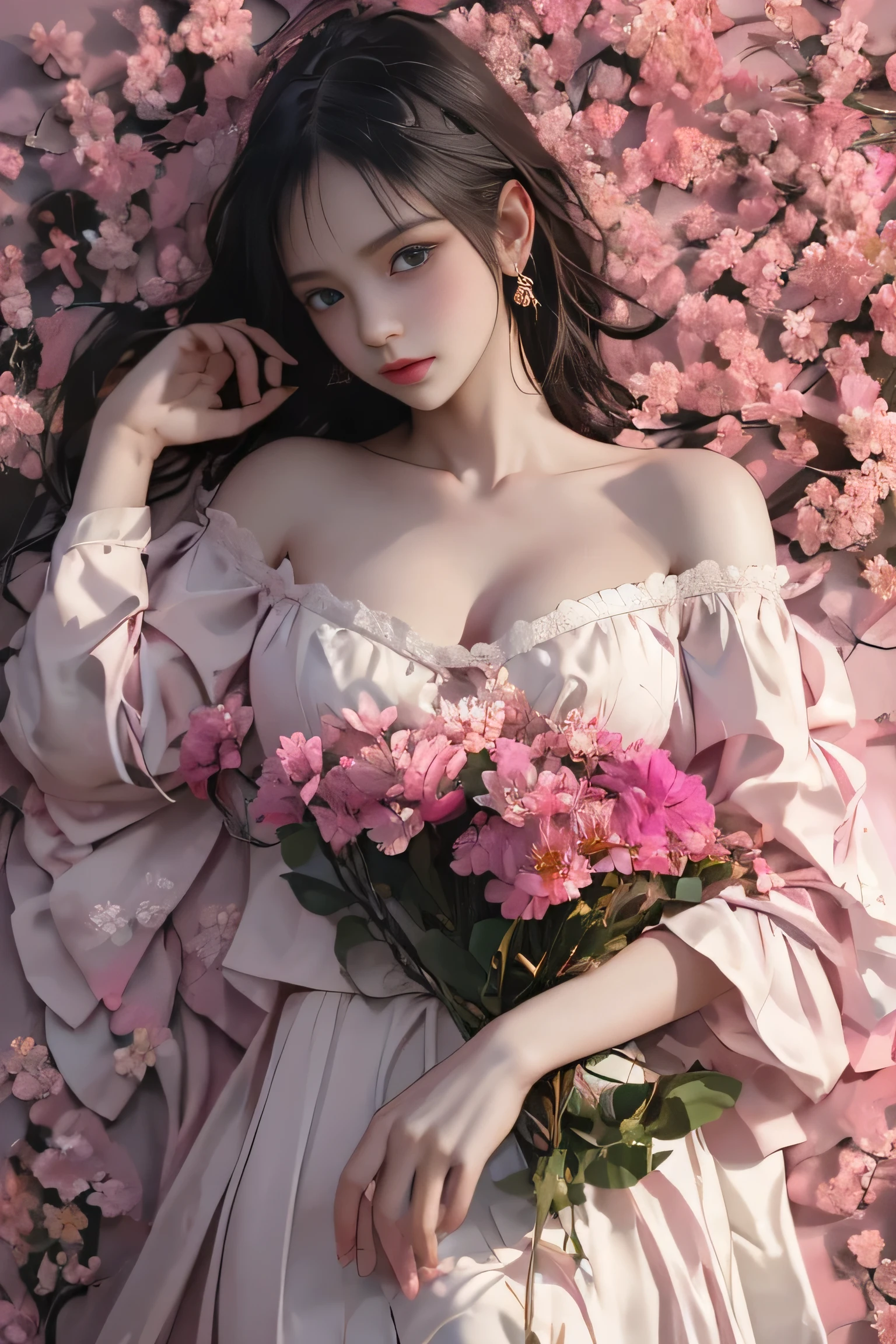 masterpiece,best quality,(detailed face, perfect face, perfect eyes, realistic eyes, perfect fingers),(clear face),fantasy girl,long hair,hair ornaments,looking at viewer,outdoors,intricate,high detail,sharp focus,dramatic,beautiful girl,knees up,standing lolita1,dress,flower,(supergiant breasts:1.3),looking at the camera,