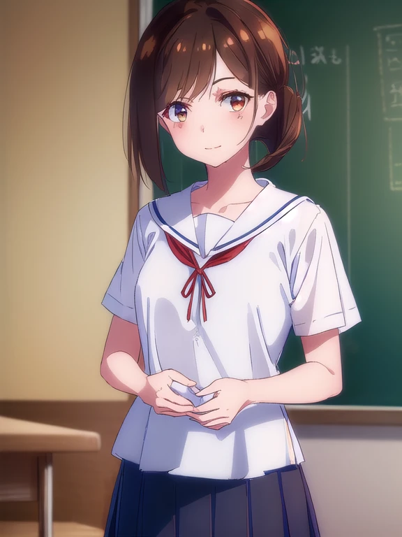 1 futanari girl:1.3, alone, Shortcuts, Big Breasts, View Audience, blush, smile, Open your mouth, Brown Hair, shirt, Shortcuts, Brown eyes,, indoor, erection:1.3, futanari:1.4, erection, ,Wearing a sailor uniform、Expressionless、blush、Sweaty、Big Breasts、Big cock、スカートの下でおちんちんがerectionしている、A penis is growing、My penis is pushing up my skirt、Anatomically correct body