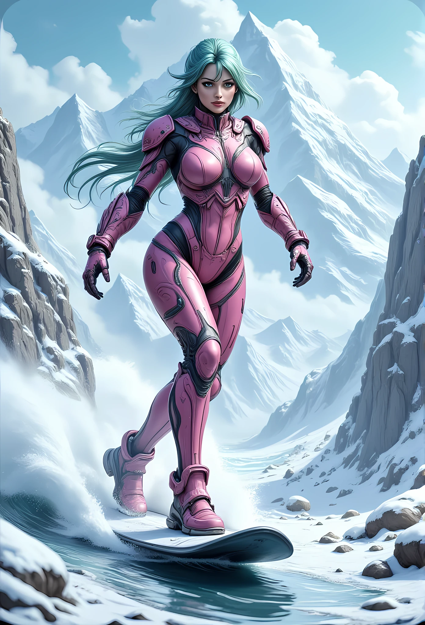 high details, best quality, 16k, [best detailed], masterpiece, best quality, (extremely detailed), photorealistic, fantasy art, RPG art, a picture of a mech girl, wearing pink mech suit, surfing in the snow, epic beautiful human woman (best details, Masterpiece, best quality), ultra detailed face (best details, Masterpiece, best quality), azure hair, green eyes, mech suit, tight mech suit, (best details, Masterpiece, best quality), snowy mountain background, 