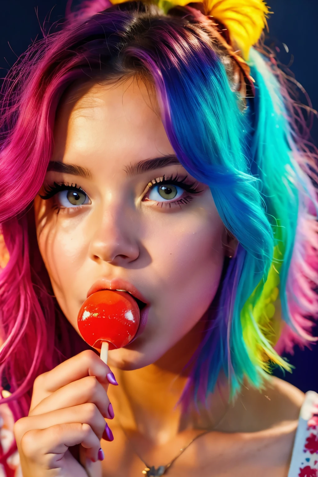 (masterpiece, best quality:1.2), 1girl, solo, high quality raw photograph of a young girl, licking a red lollipop, lollipop on hand, colorful hair, vibrant neon colors, silhouette, illustration, looking at viewer, lofi,UHD, accurate, textured skin, super detail, high details, high quality, highres, 1080P, 4K