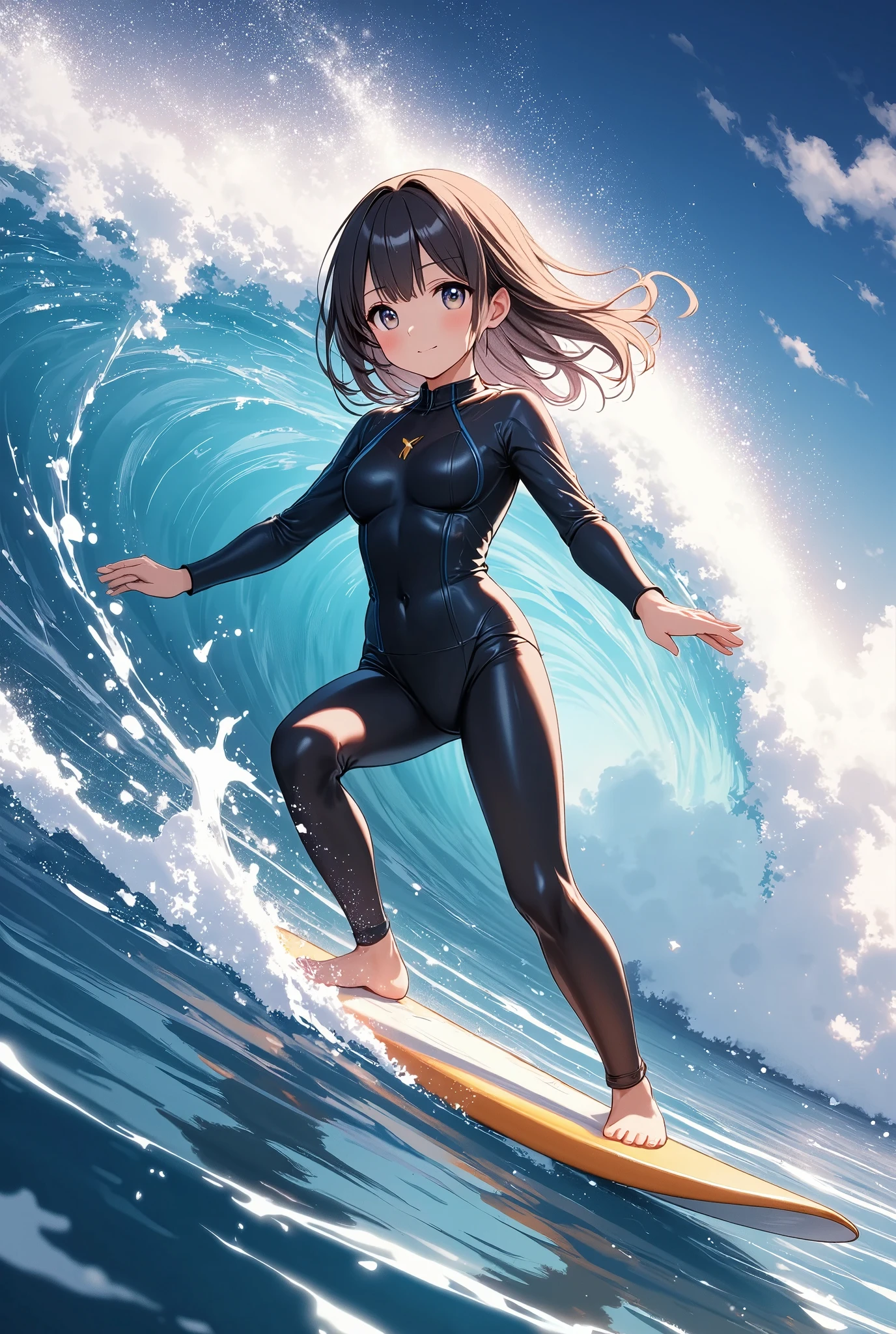 Girl surfing in the sea、surfboard、Wetsuits、Big waves、The water splashes shine beautifully、Crystal clear tropical waters、White waves and deep blue,close-up