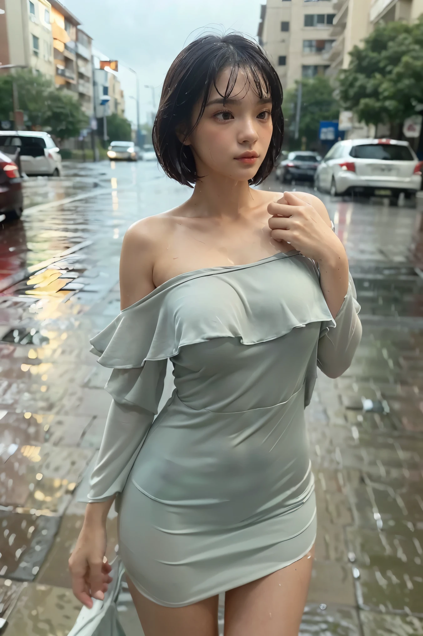 ((Best Quality, 8k, Masterpiece:1.3)), Focus:1.2, Perfect Body Beauty:1.4, Buttocks:1.2, ((Layered Haircut, Breasts:1.2)), (Wet Clothes:1.1) , (Rain, Street:1.3), Bandeau Dress: 1.1, Highly Detailed Face and Skin Texture, Fine Eyes, Double Eyelids, Whitened Skin, Long Hair, (Shut Up: 1.3)