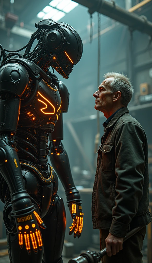 there is a man standing next to a robot with green eyes, a  biopunk cyborg, still from the movie terminator, augmented cyborgs, robot cyborgs, movie still of a villain cyborg, cyber implants, cybernetic implants, cyber skeletons, machines and futurist robots, a teenerpunk cyborg, cybernetic bionic ancient cyborg, death and robots --auto --s2