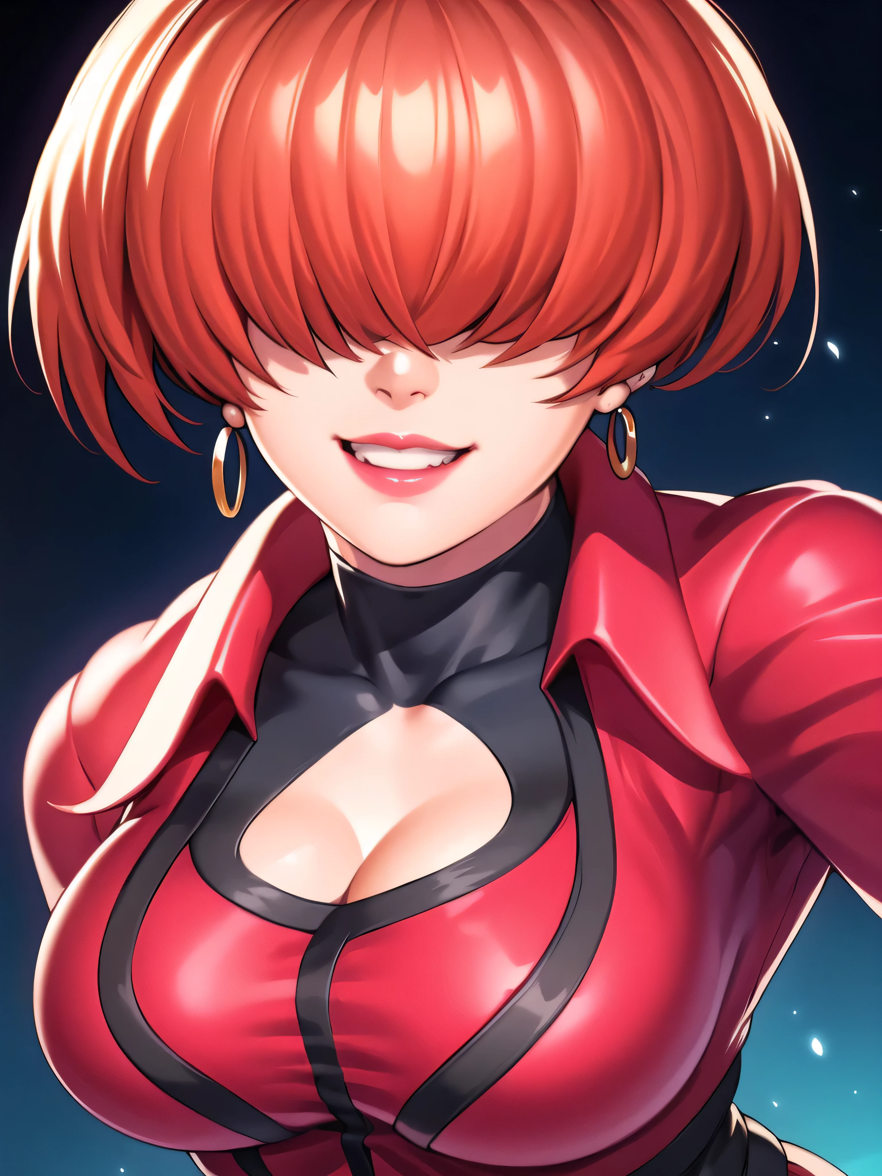 black and thunder background,
Red outfit,Red jacket,choker, cleavage cutout, clothing cutout, 
earrings,
Red hair,bangs,((hair over eyes)),
1 girl, 20yo,Young female,upper body,Beautiful body,Beautiful Nose,Beautiful character design, evil face,
looking down at viewer,(Focus on her face),,evil_Smile,
official art,extremely detailed CG unity 8k wallpaper, perfect lighting,Colorful, Bright_Front_face_Lighting,shiny skin,
(masterpiece:1.0),(best_quality:1.0), ultra high res,4K,ultra-detailed,
photography, 8K, HDR, highres, absurdres:1.2, Kodak portra 400, film grain, blurry background, bokeh:1.2, lens flare, (vibrant_color:1.2),professional photograph,
(Beautiful,large_Breasts:1.4), (beautiful_face:1.5),(narrow_waist),conceitsmile worst,worst ridecule,evil grin