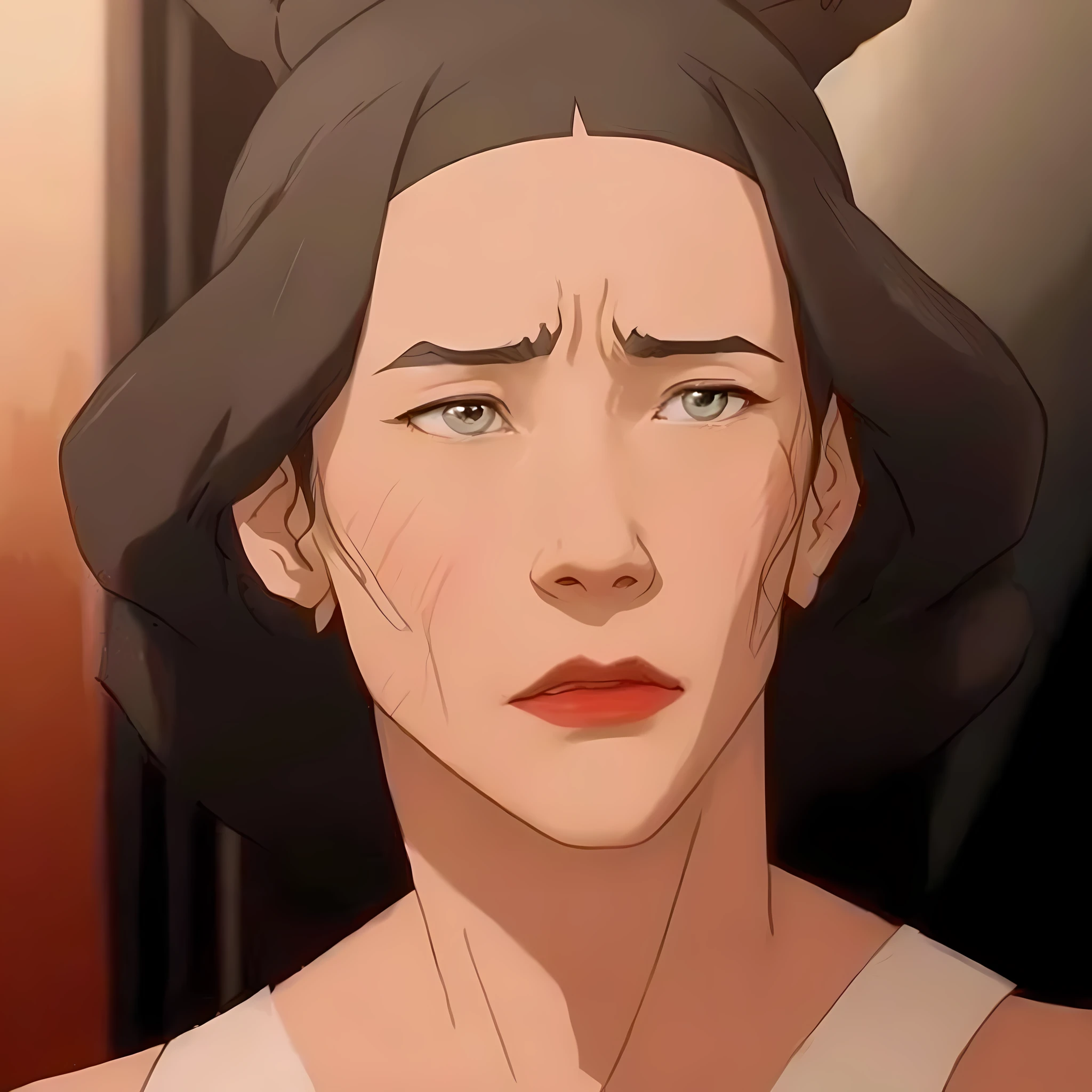 a furious police chief, Lin Beifong, Cassandra Cain, the Legend of Korra, anime screenshot, the goddess Hera looking sad, Cassandra Cain in satin, an extremely confuse, the goddess Hera looking mad, in anime movie, [sirius], anime movie screenshot