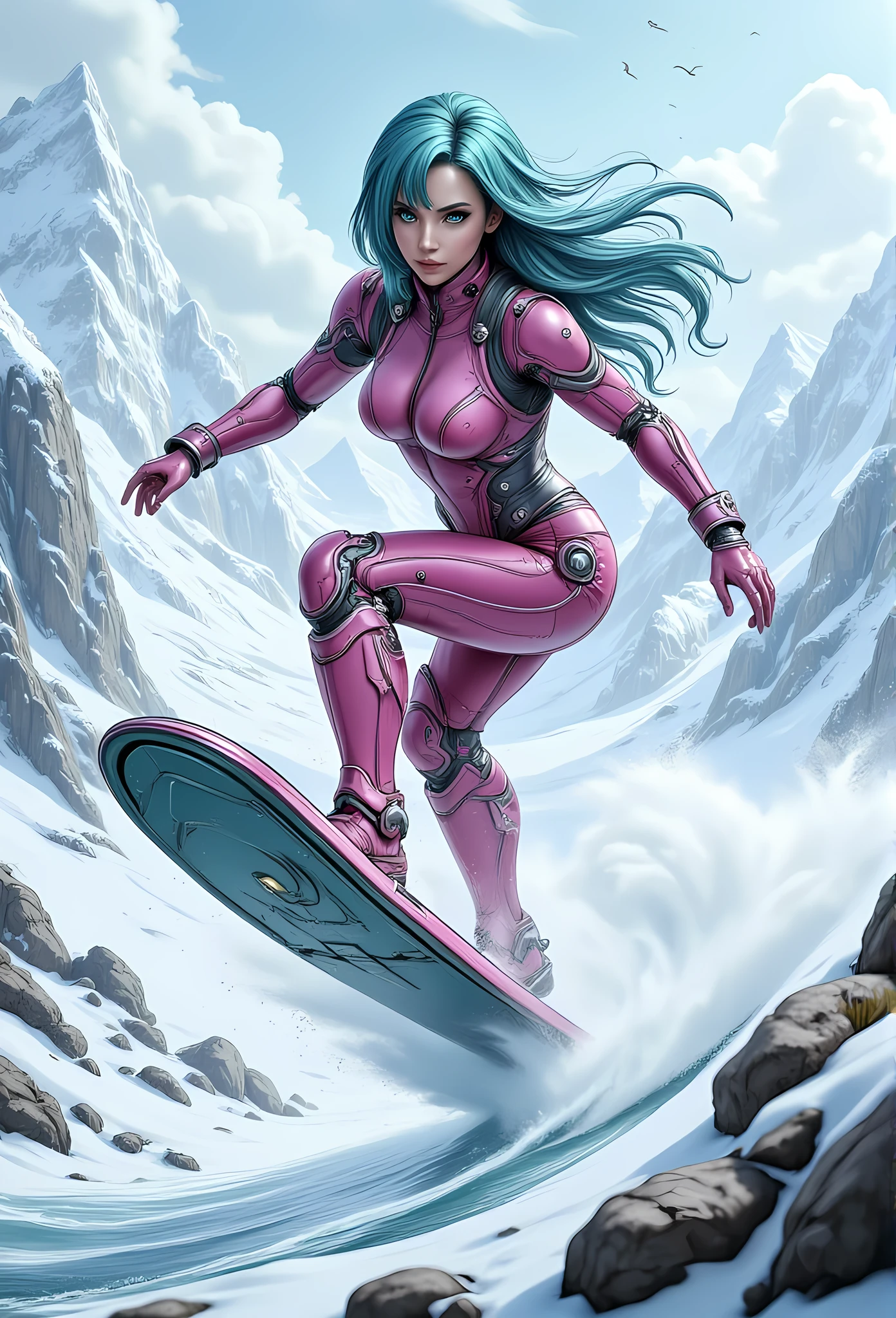 high details, best quality, 16k, [best detailed], masterpiece, best quality, (extremely detailed), photorealistic, fantasy art, RPG art, a picture of a mech girl, wearing pink mech suit, wearing high heel boots, surfing in the snow, epic beautiful human woman (best details, Masterpiece, best quality), ultra detailed face (best details, Masterpiece, best quality), azure hair, green eyes, mech suit, tight mech suit, (best details, Masterpiece, best quality), snowy mountain background, 