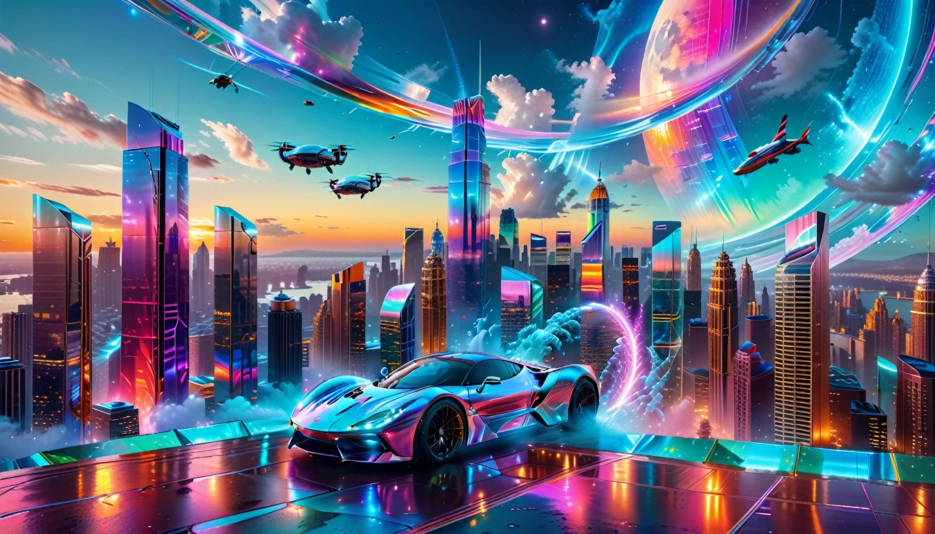 A Masterpiece In 32K Resolution, Supreme Quality, Super Detail, Official Art, Very High-Resolution 32K Wallpaper, Futuristic And Transcendent, Ultra-Detailed Features, Urban Dreamscape. Skyscrapers With Iridescent Surfaces Tower Above A Bustling City, Bathed In Neon Lights And Holographic Displays. Hovering Vehicles Glide Through The Air, While Lush Rooftop Gardens Add A Touch Of Nature To The Urban Landscape. A Radiant Moon Hangs Low In The Sky, Casting A Soft Glow On The Vibrant Streets Below.