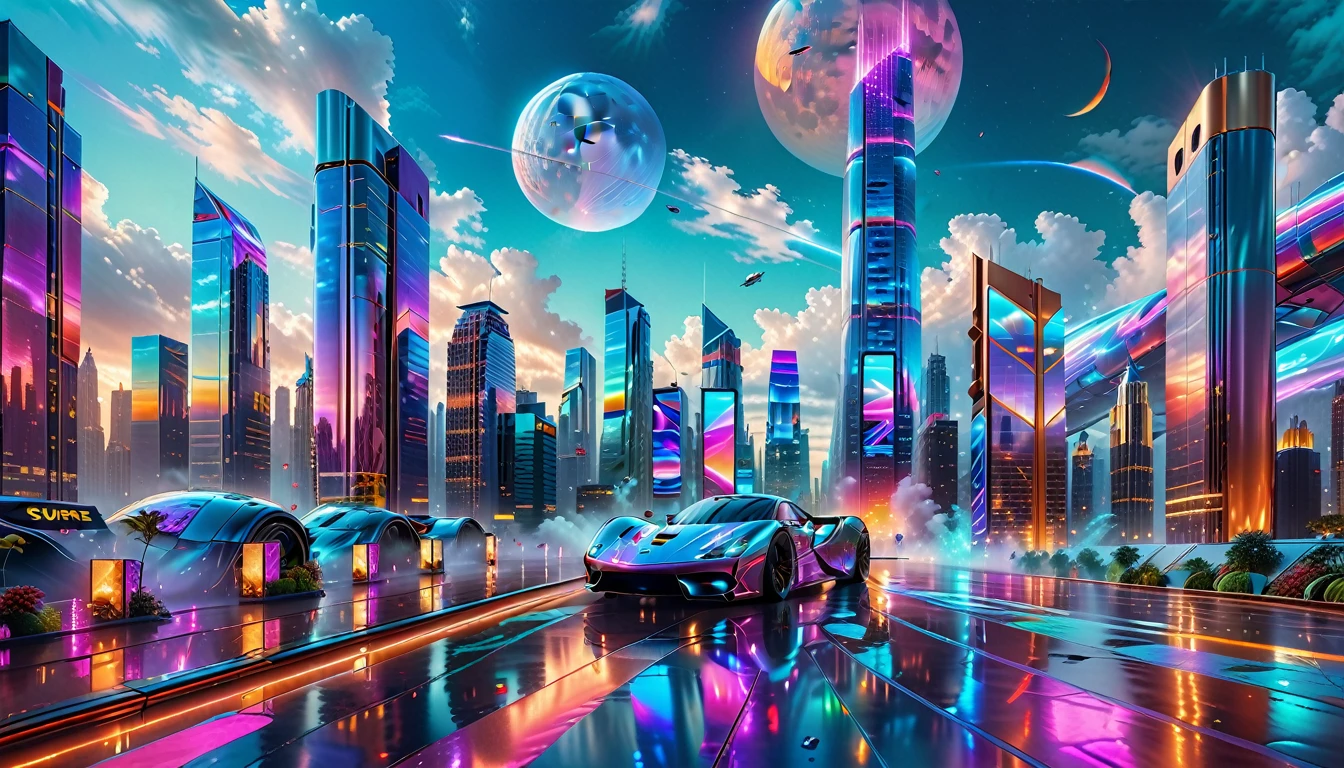 A Masterpiece In 32K Resolution, Supreme Quality, Super Detail, Official Art, Very High-Resolution 32K Wallpaper, Futuristic And Transcendent, Ultra-Detailed Features, Urban Dreamscape. Skyscrapers With Iridescent Surfaces Tower Above A Bustling City, Bathed In Neon Lights And Holographic Displays. Hovering Vehicles Glide Through The Air, While Lush Rooftop Gardens Add A Touch Of Nature To The Urban Landscape. A Radiant Moon Hangs Low In The Sky, Casting A Soft Glow On The Vibrant Streets Below.