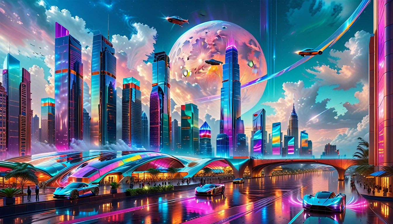 A Masterpiece In 32K Resolution, Supreme Quality, Super Detail, Official Art, Very High-Resolution 32K Wallpaper, Futuristic And Transcendent, Ultra-Detailed Features, Urban Dreamscape. Skyscrapers With Iridescent Surfaces Tower Above A Bustling City, Bathed In Neon Lights And Holographic Displays. Hovering Vehicles Glide Through The Air, While Lush Rooftop Gardens Add A Touch Of Nature To The Urban Landscape. A Radiant Moon Hangs Low In The Sky, Casting A Soft Glow On The Vibrant Streets Below.