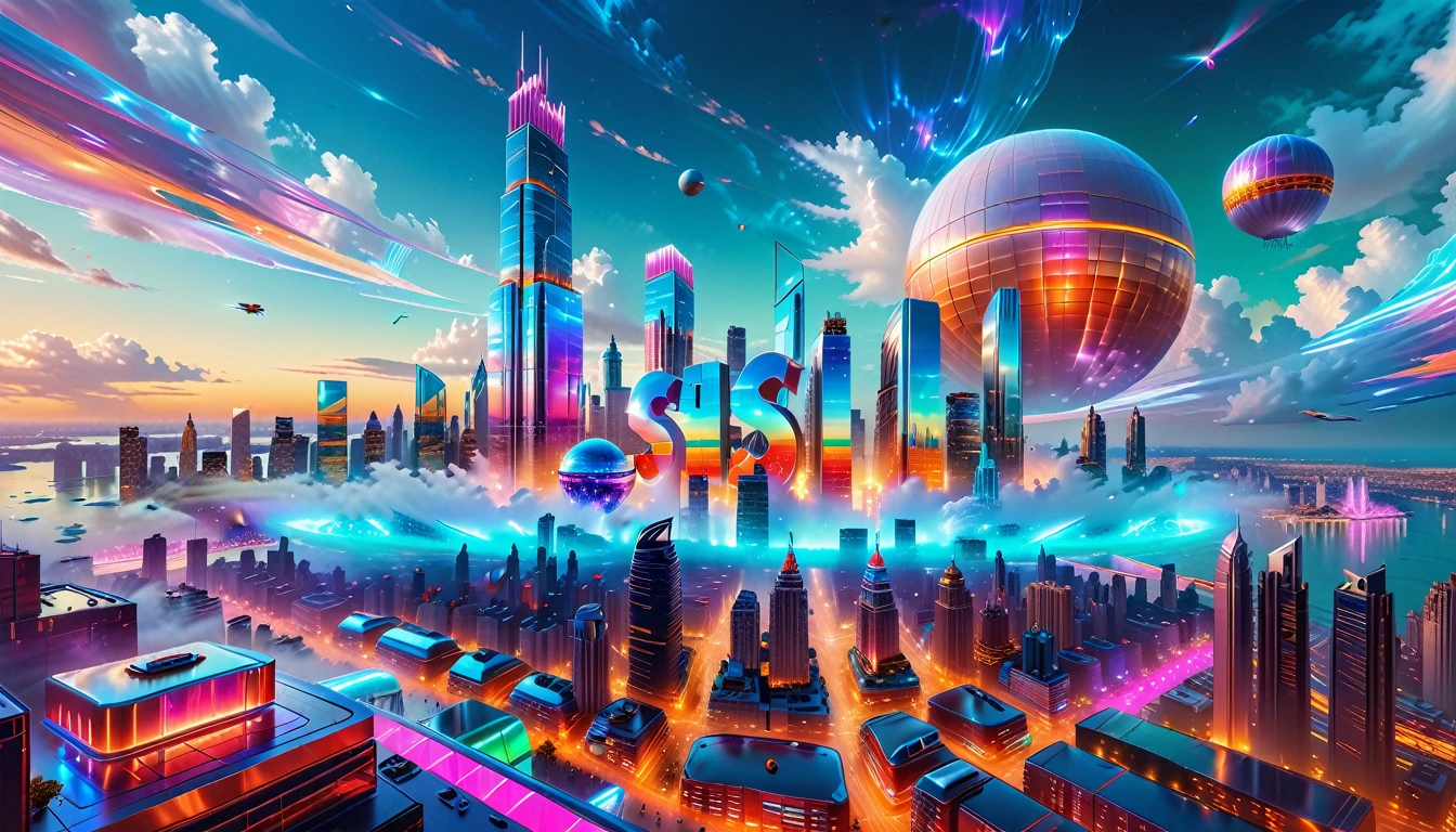 A Masterpiece In 32K Resolution, Supreme Quality, Super Detail, Official Art, Very High-Resolution 32K Wallpaper, Futuristic And Transcendent, Ultra-Detailed Features, Urban Dreamscape. Skyscrapers With Iridescent Surfaces Tower Above A Bustling City, Bathed In Neon Lights And Holographic Displays. Hovering Vehicles Glide Through The Air, While Lush Rooftop Gardens Add A Touch Of Nature To The Urban Landscape. A Radiant Moon Hangs Low In The Sky, Casting A Soft Glow On The Vibrant Streets Below.