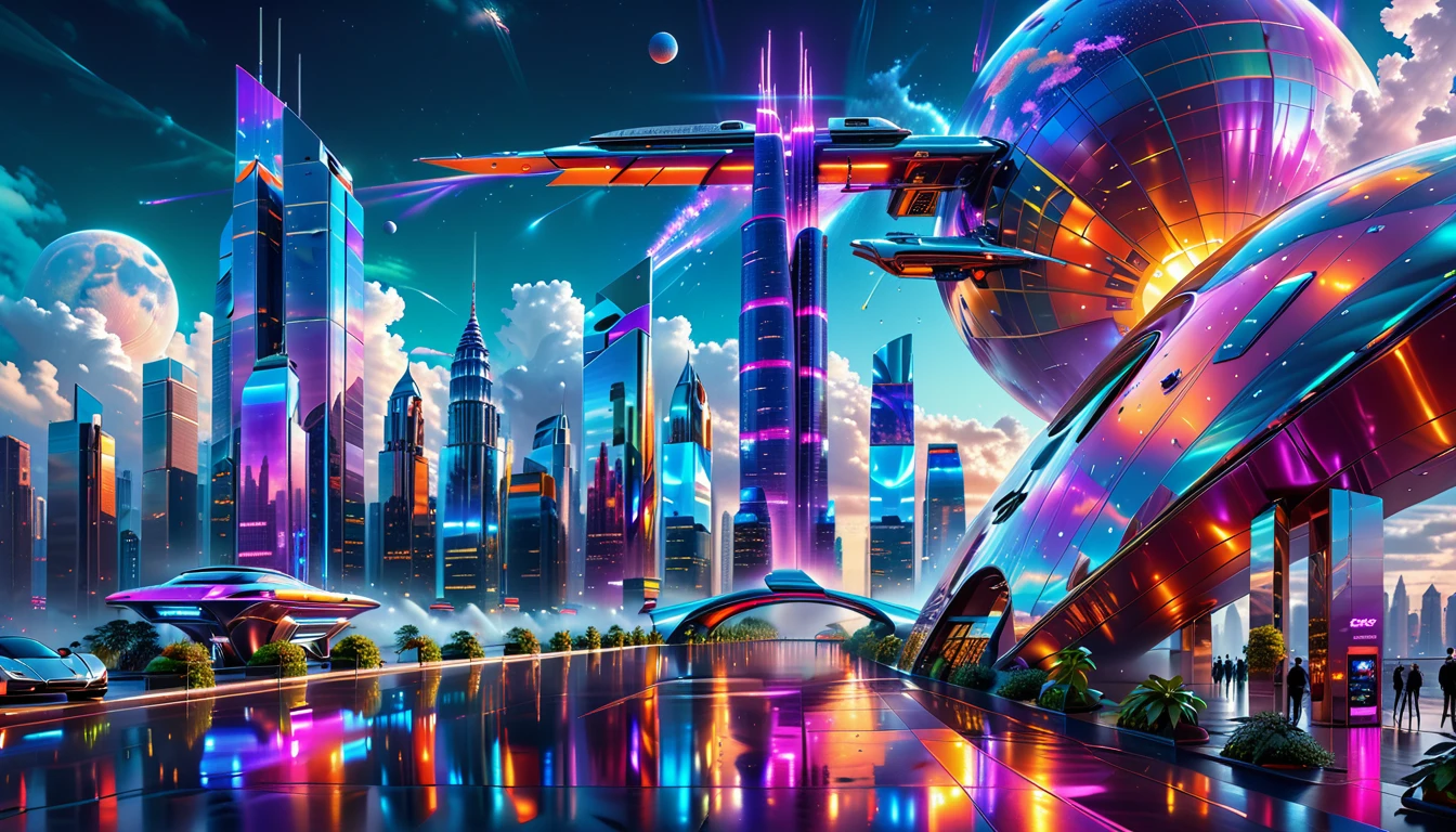 A Masterpiece In 32K Resolution, Supreme Quality, Super Detail, Official Art, Very High-Resolution 32K Wallpaper, Futuristic And Transcendent, Ultra-Detailed Features, Urban Dreamscape. Skyscrapers With Iridescent Surfaces Tower Above A Bustling City, Bathed In Neon Lights And Holographic Displays. Hovering Vehicles Glide Through The Air, While Lush Rooftop Gardens Add A Touch Of Nature To The Urban Landscape. A Radiant Moon Hangs Low In The Sky, Casting A Soft Glow On The Vibrant Streets Below.