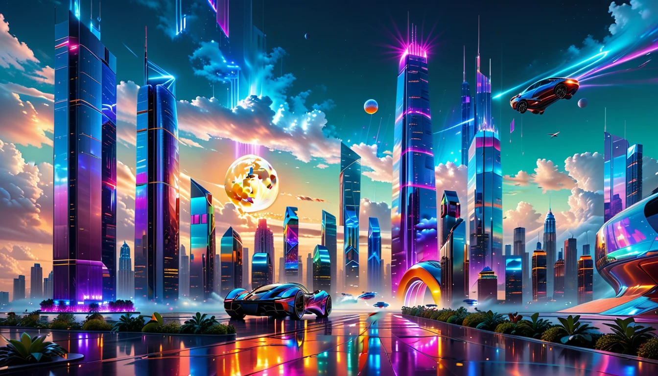 A Masterpiece In 32K Resolution, Supreme Quality, Super Detail, Official Art, Very High-Resolution 32K Wallpaper, Futuristic And Transcendent, Ultra-Detailed Features, Urban Dreamscape. Skyscrapers With Iridescent Surfaces Tower Above A Bustling City, Bathed In Neon Lights And Holographic Displays. Hovering Vehicles Glide Through The Air, While Lush Rooftop Gardens Add A Touch Of Nature To The Urban Landscape. A Radiant Moon Hangs Low In The Sky, Casting A Soft Glow On The Vibrant Streets Below.