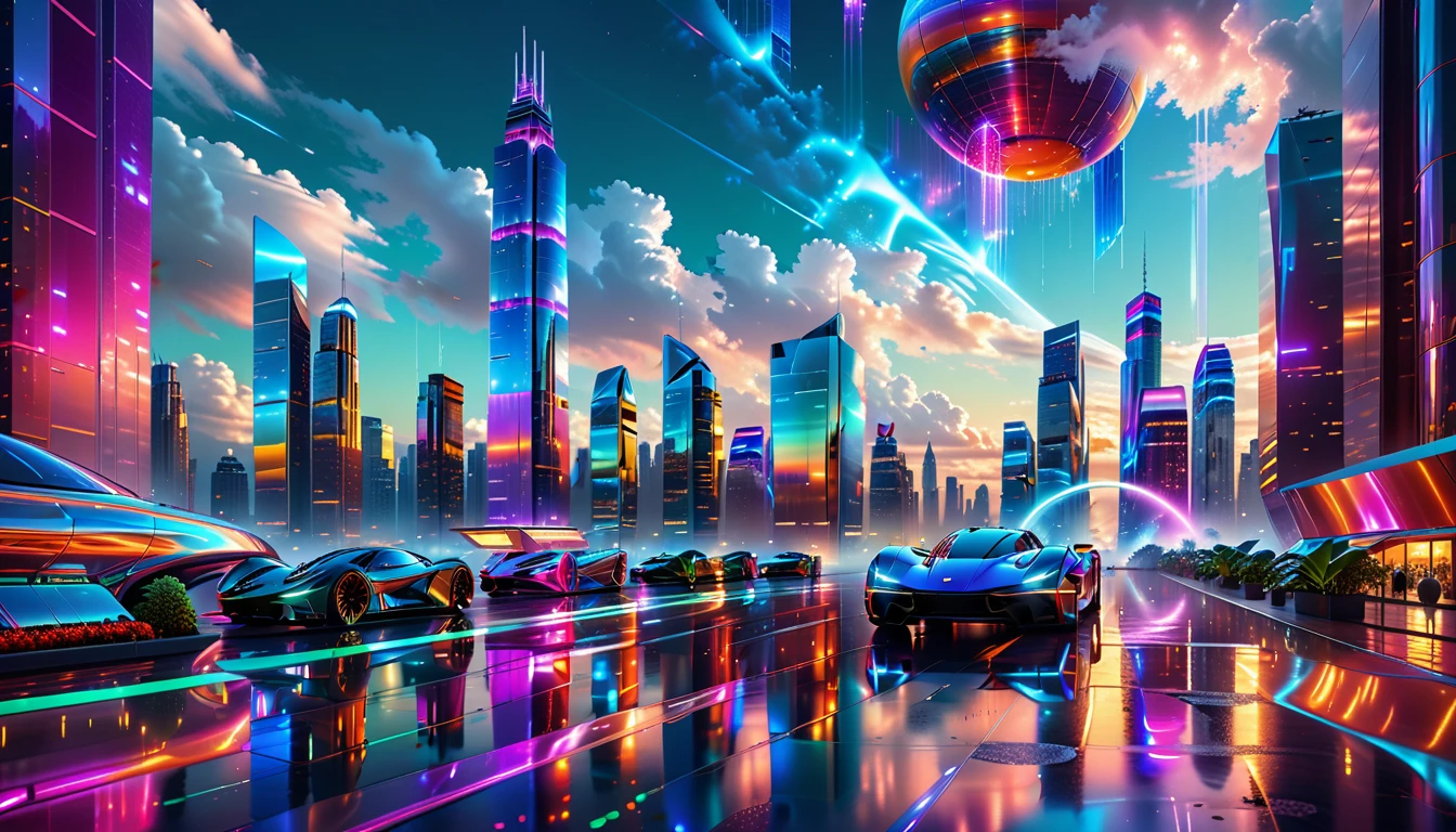 A Masterpiece In 32K Resolution, Supreme Quality, Super Detail, Official Art, Very High-Resolution 32K Wallpaper, Futuristic And Transcendent, Ultra-Detailed Features, Urban Dreamscape. Skyscrapers With Iridescent Surfaces Tower Above A Bustling City, Bathed In Neon Lights And Holographic Displays. Hovering Vehicles Glide Through The Air, While Lush Rooftop Gardens Add A Touch Of Nature To The Urban Landscape. A Radiant Moon Hangs Low In The Sky, Casting A Soft Glow On The Vibrant Streets Below.