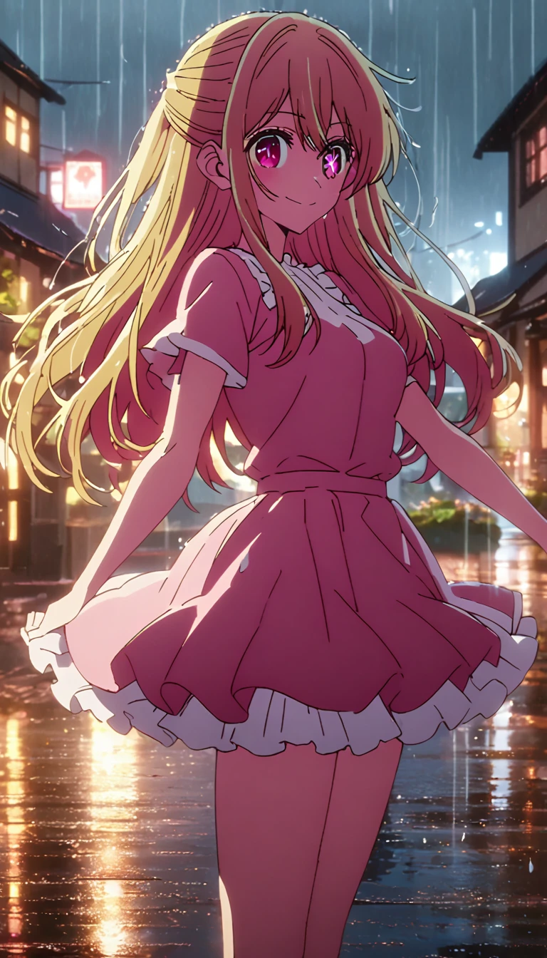 best quality, ultra-detailed, high resolution, 8K, ruby hoshino, long hair, bangs, blonde hair, pink eyes, sidelocks, symbol-shaped pupils, multicolored hair, two-tone hair, star-shaped pupils, medium breasts, happy smile, raised arms, frilled dress, pink dress, mini skirt, legs, town, rain, wet, solo, lighting, full-body shot, from side, detailed clothes,